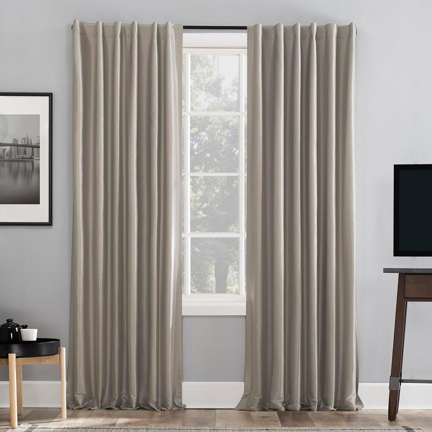 Sun Zero Greyson Faux Dupioni Silk Thermal Extreme Total Blackout Back Tab Curtain Panel, 50" X 84", Stone Beige image number 1