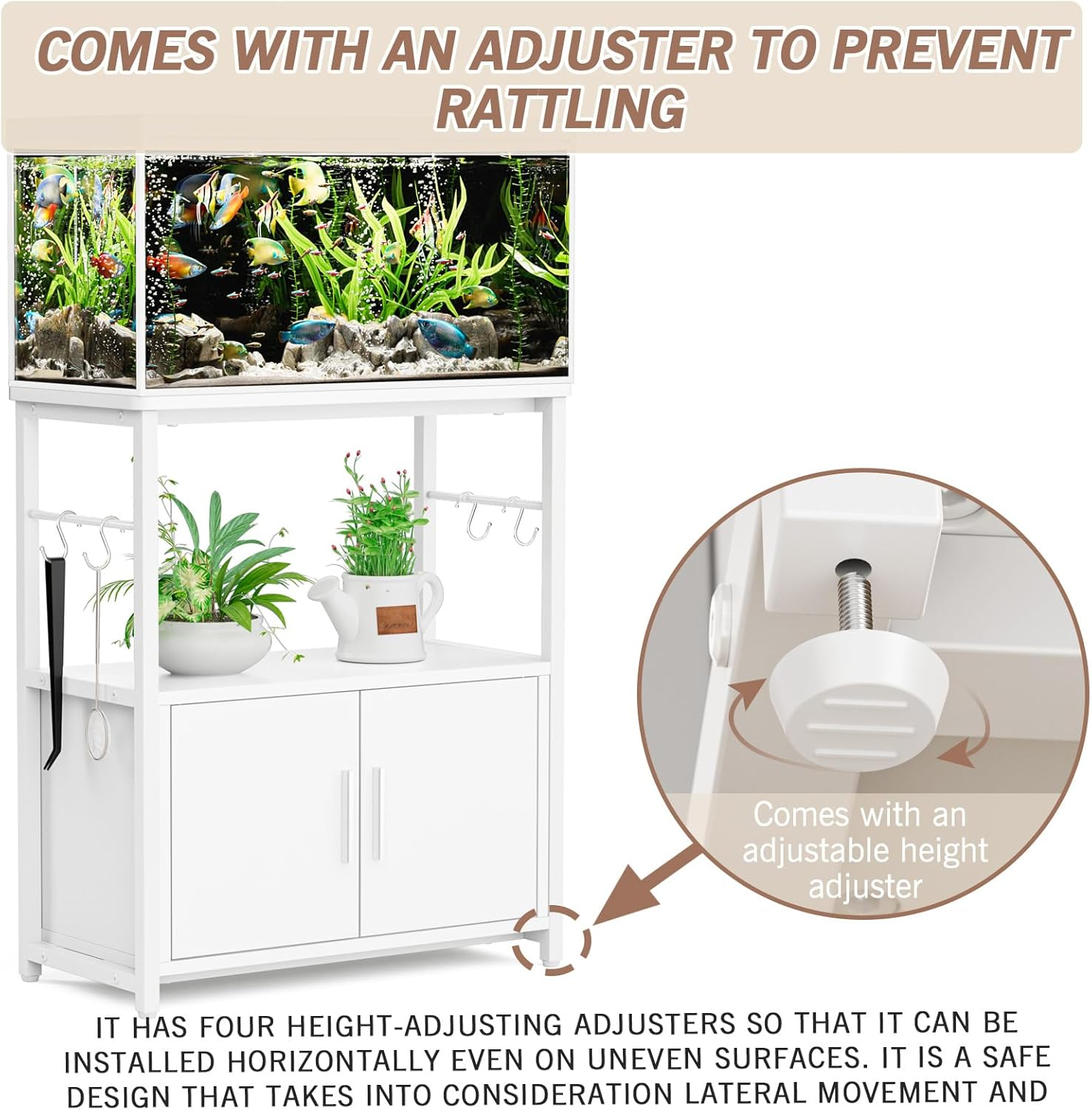 DEWEL Aquarium Stand, Fish Tank Cabinet Stand with 3-Tier Storage, Heavy Duty Terrarium Stand Rack for Home Office, Lbs Load Capacity 60 X 30 X 70Cm (L X W X H), White image number 5