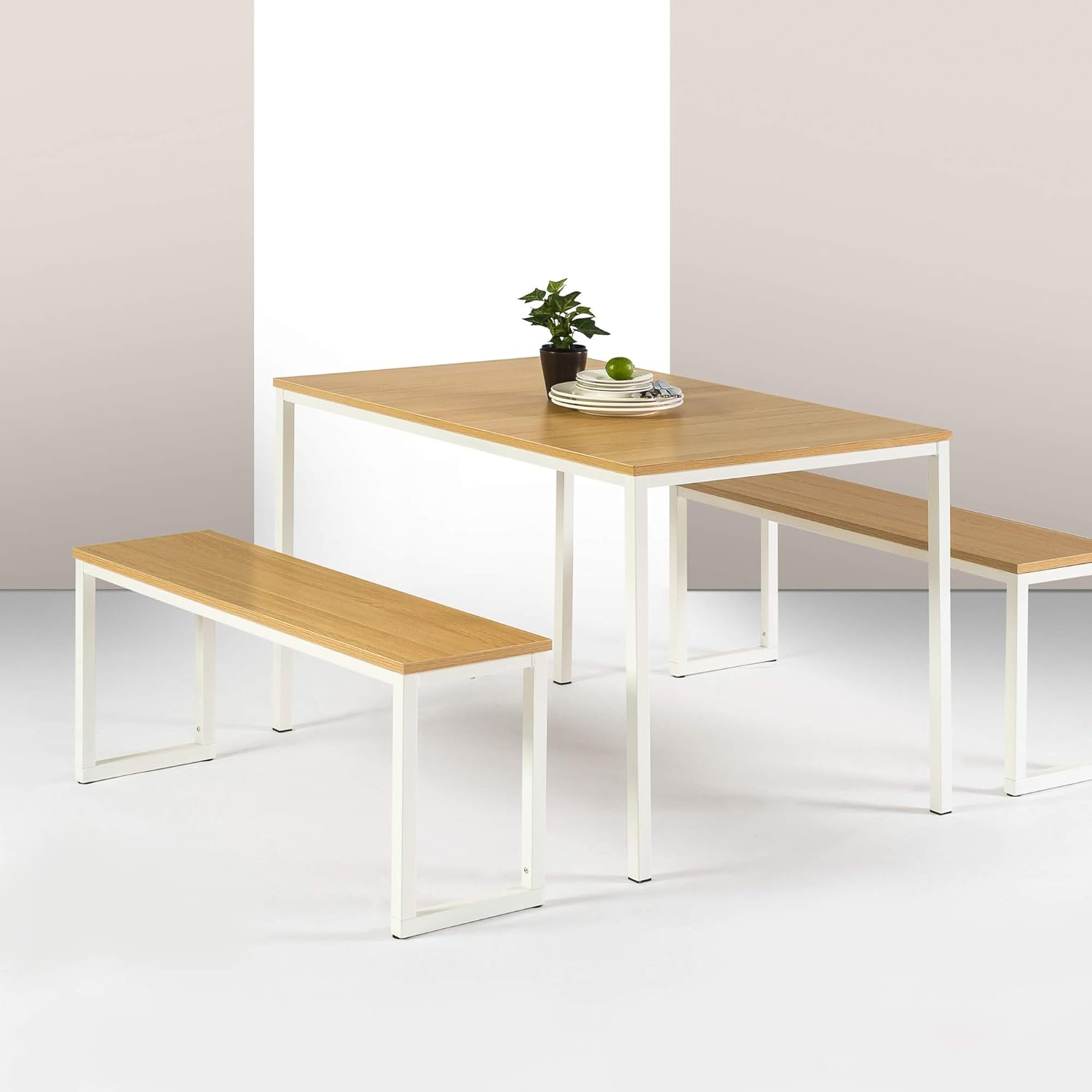Zinus Louis Modern Studio Soho White Dining Table Set with Two Benches | 3 Pieces Dining Set | Easy Assembly Industrial Dining Table Furniture, Natural White - Brown image number 5