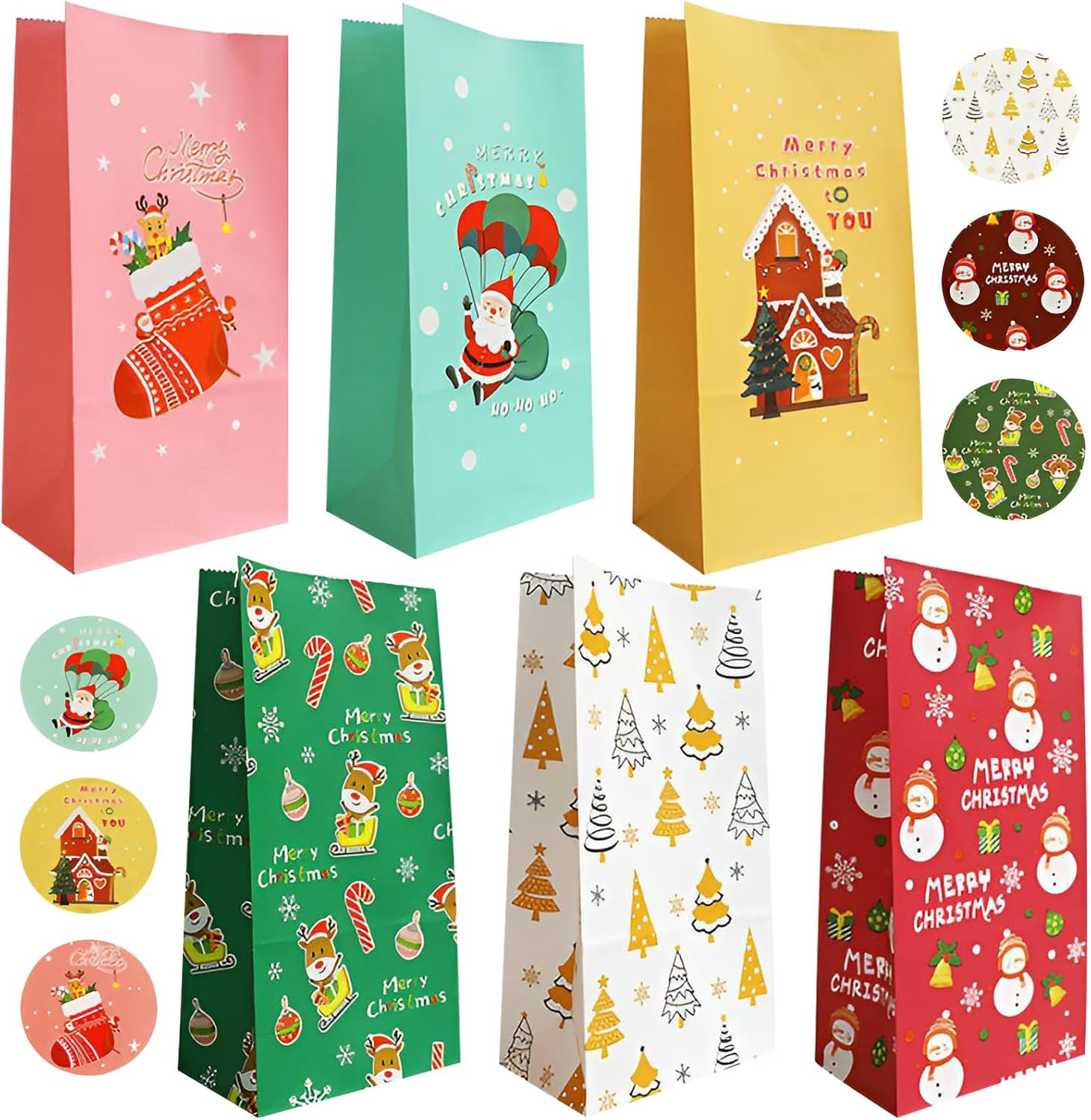 Oundarm 24PCS Christmas Paper Gift Bags Bulk with 24 Stickers Xmas Multicolor Goodie Paper Bags for Kids Assorted Candy Treat Gift Bags for Party Favor Supplies Christmas Holiday Decorations