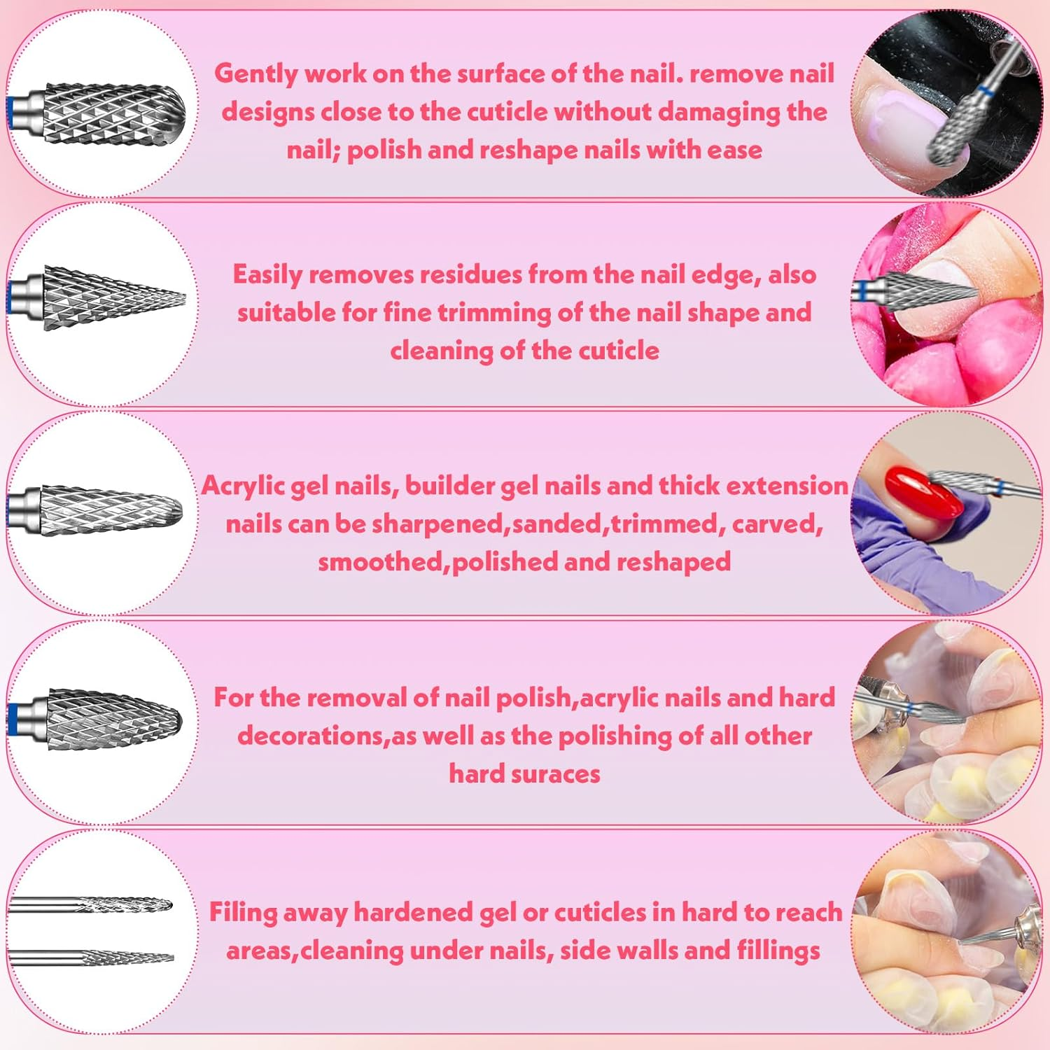 Qianyu Pack of 6 Nail Cutter Attachments Bits for Nail Cutter Carbide for Manicure Remove Gel Polygel 3/32 Inch Nail Bits Nail Drill for Removing Acrylic Nails Gel Nails Cuticles image number 3