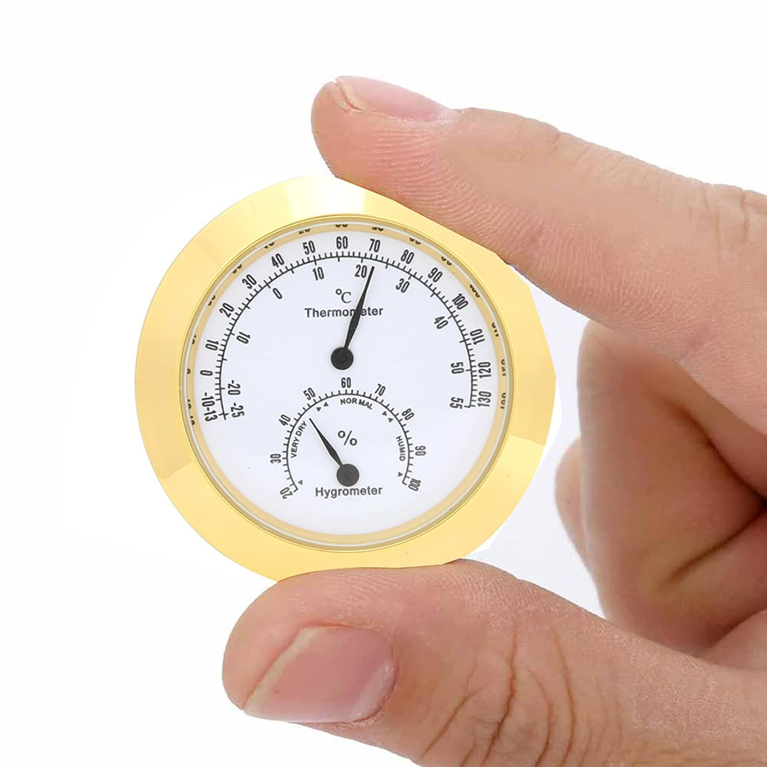 Round Thermometer Hygrometer for the Violin Guitar Box - Instrument Care - Compact Portable Alloy Measured Moisture and Temperature for Musicians (Gold)