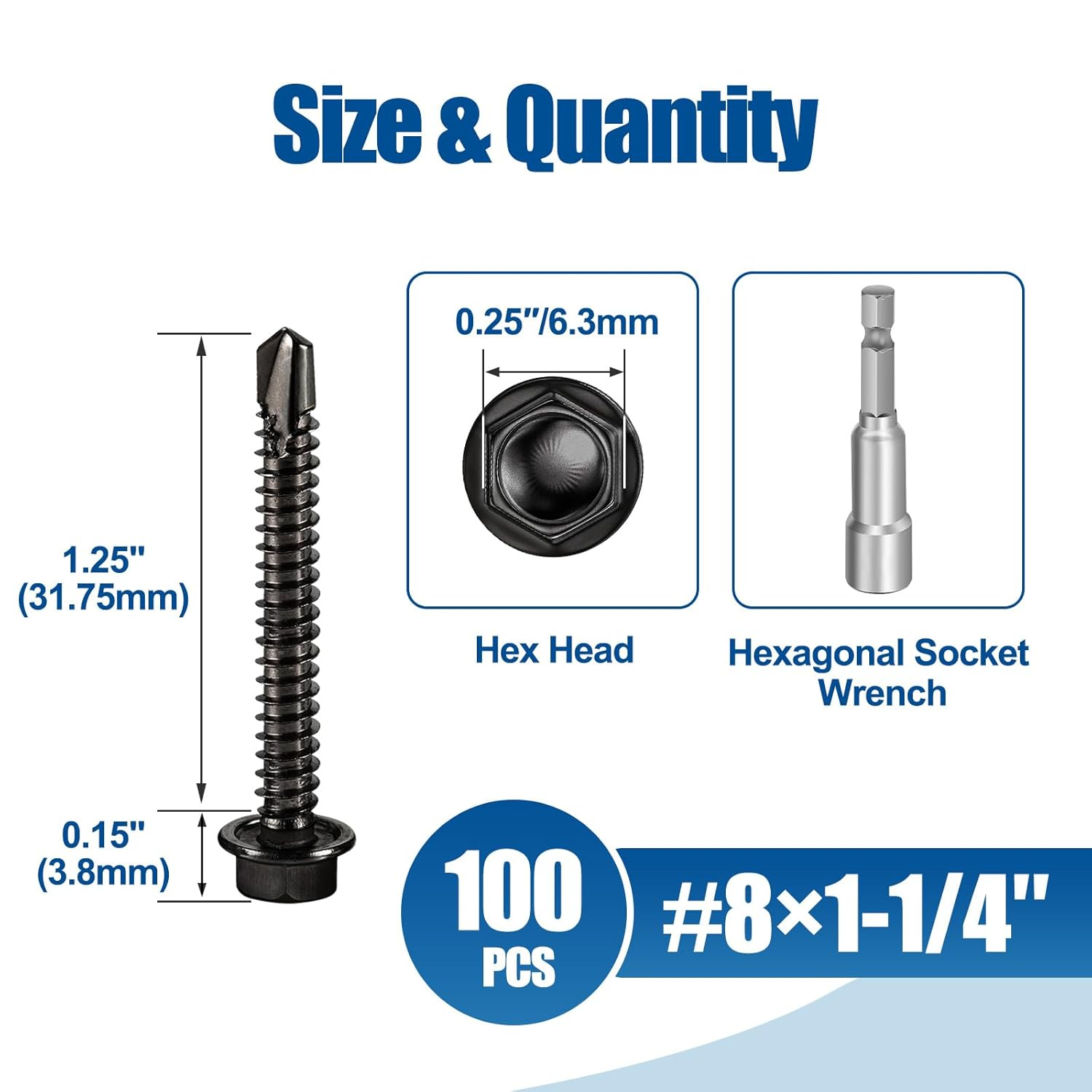 #8&times;1-1/4&Prime; (100Pcs) 410 Stainless Steel Black Self Drilling Screws, Hex Washer Head Fast Self Tapping Screws image number 3