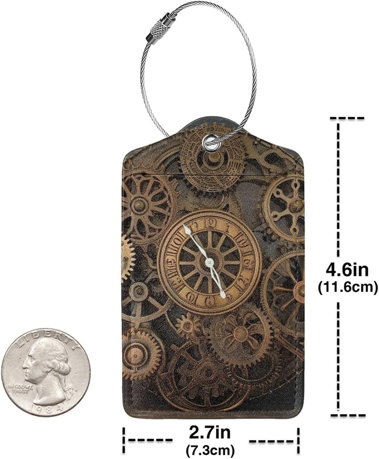 Dwrepo PU Leather Luggage Tags for Suitcases Steampunk Gears Clock Baggage Tags Travel Bag Labels Privacy Cover ID Label with Steel Loops Suitcase Tags for Women Men, 1, Black image number 1
