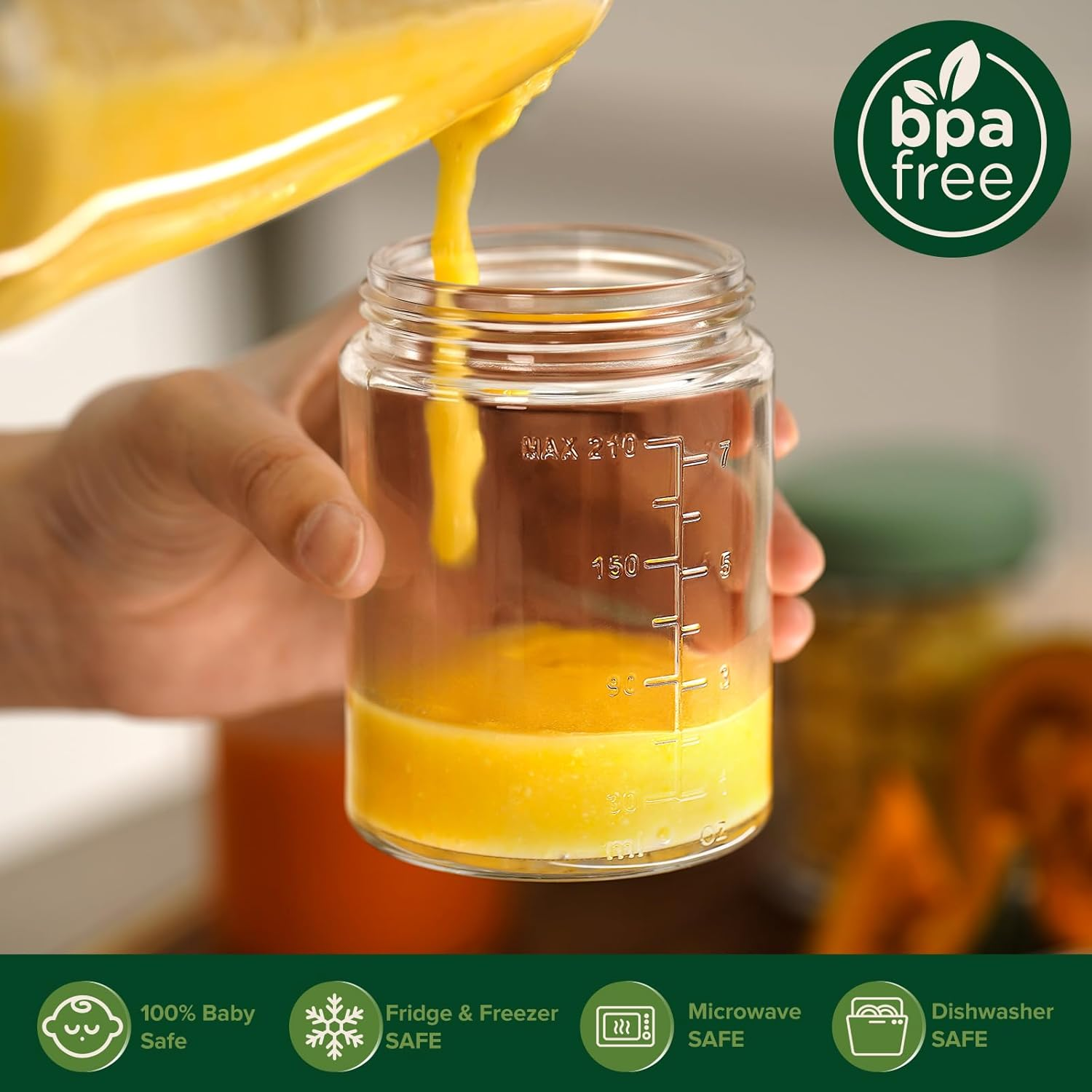 Haakaa Baby Food Storage Containers, Glass Baby Food Storage Jars with Silicone Lid, Baby Food Freezer Storage, 7Oz Baby Food Containers, Freezer Safe Microwave Safe. [4 Pack - Green Cover] image number 5