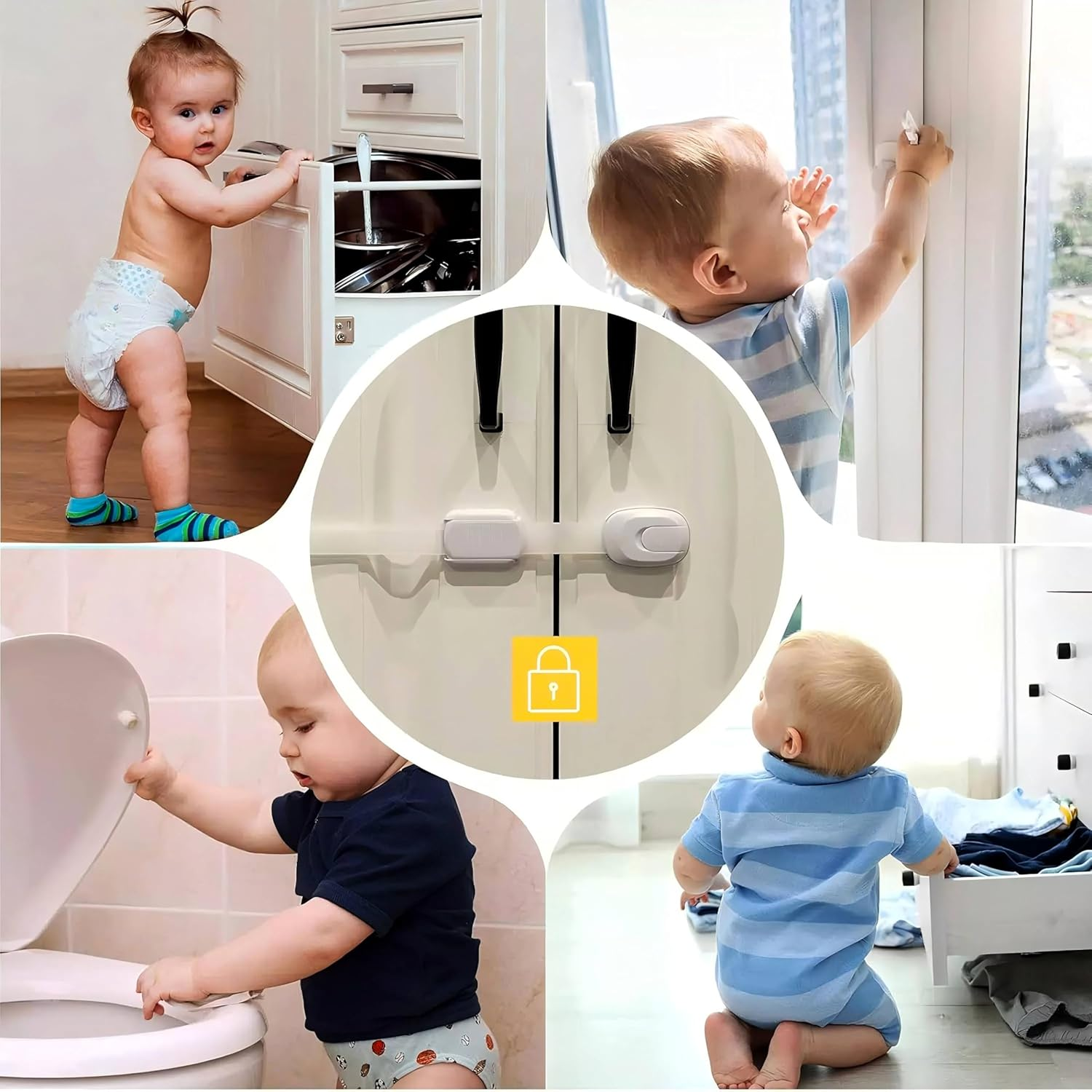 Child Safety Cabinet Locks - (10 Pack White) Baby Proofing Latches to Drawer Door Fridge Oven Toilet Seat Kitchen Cupboard Appliance Trash Can with 3M Adhesive - Adjustable Strap No Drill No Tool image number 1