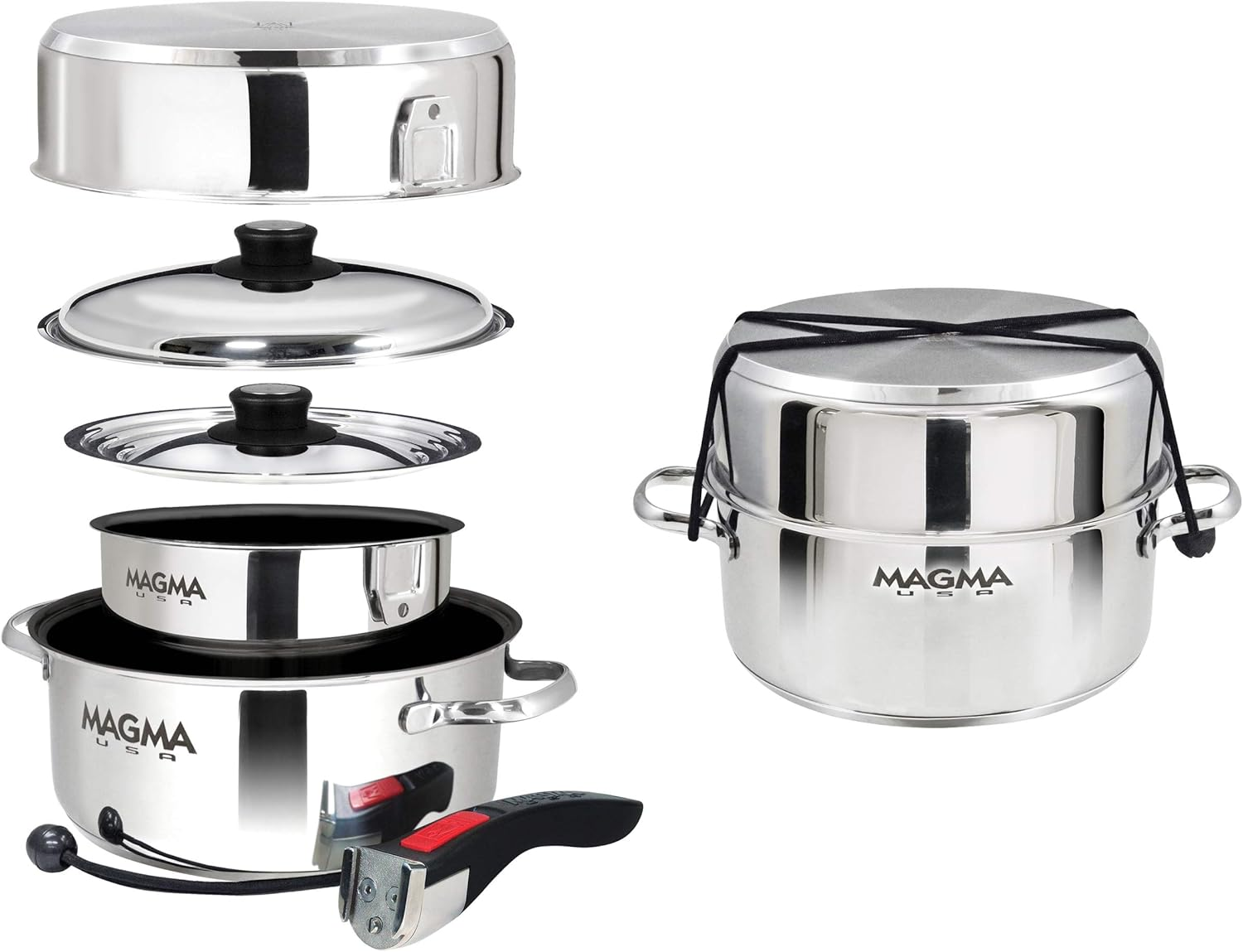 Magma 7 Piece Gourmet Nesting Stainless Steel Cookware Set with Ceramica Non-Stick, Induction Compatible, Oven Safe to 500&deg;F - Suitable for All Stovetops, Removable Handles, Stainless Steel image number 3