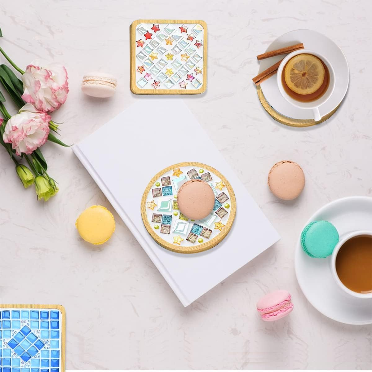 WATHFKCU 4 Sets DIY Glass Mosaic Tiles for Crafts,Mixed Color Mosaic Kits with Wooden Coaster for Adults,Mosaic Crafts Materials Package for Coaster Handmade Home Decor Gifts image number 1