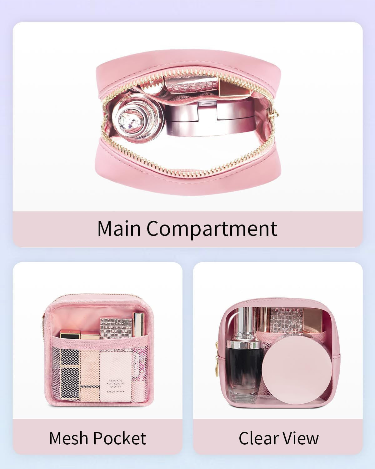Clear Makeup Bag for Purse Mini Make up Cute Cosmetic Bag Pouch for Women with Slip-In Pockets Travel Toiletry Essentials Eco Vegan Leather Organizer Bags (Pink, One Size) image number 5