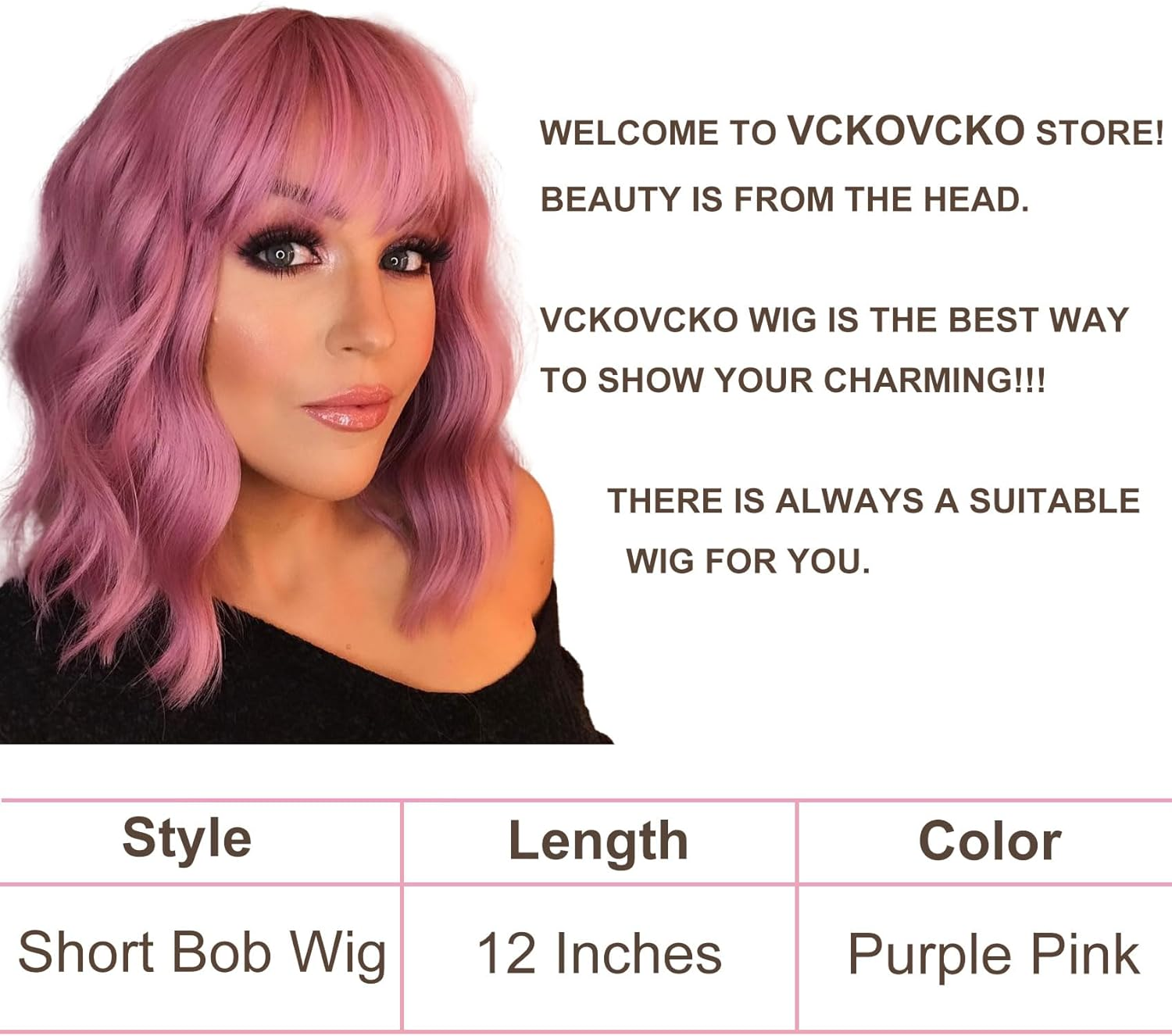 VCKOVCKO Pastel Wavy Wig with Fringe Short Bob Purple Pink Wig Curly Wavy Shoulder Length Pastel Bob Synthetic Cosplay Wig for Girls Colourful Costume Wigs (12 Inches, Purple Pink) - Black To Burgundy image number 7