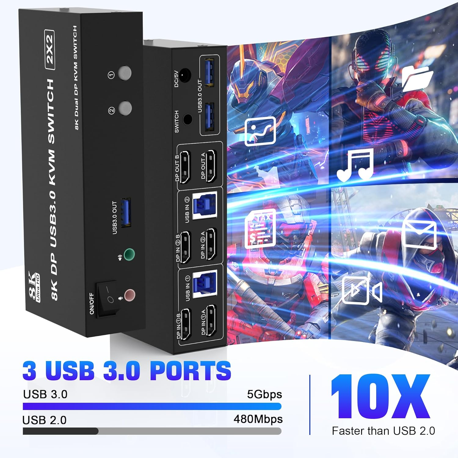8K USB 3.0 Displayport KVM Switch 2 Monitors 2 Computers 8K@60Hz 4K@144Hz, Dual Monitor Displayport 1.4 KVM Switches with Audio Microphone Output and 3 USB 3.0 Ports, DP Switch for 2 Pcs 2 Monitors