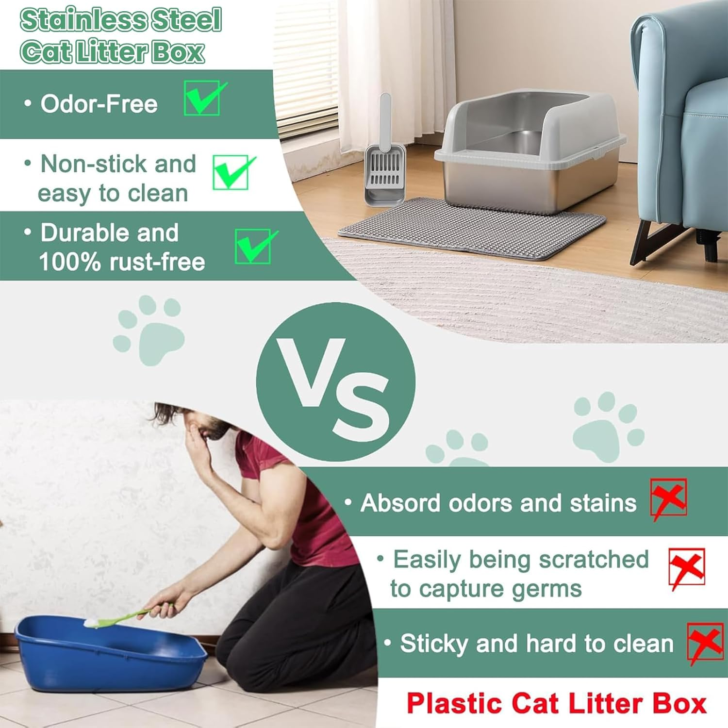 KELIOO Cat Litter Box, Extra Large Stainless Steel Litter Box with Cat Mat and Scoop, Metal Kitty Litter Boxes High Sided, Non-Sticky, Anti-Urine Leakage, Easy Cleaning image number 6