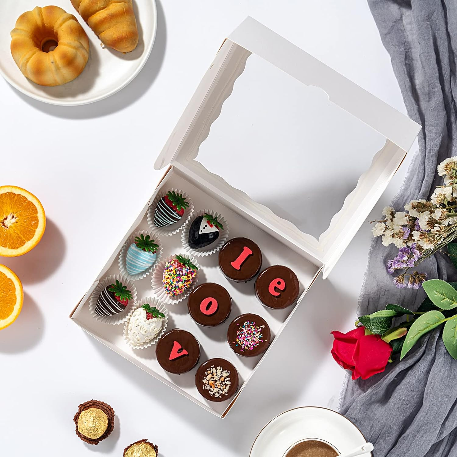 Romanticbaking 50Pcs 8X8X2 Inches Bakery Boxes with Window Cookies Boxes Chocolate Covered Strawberries Boxes Pretzel Boxes Cakesicle Browines Boxes image number 6