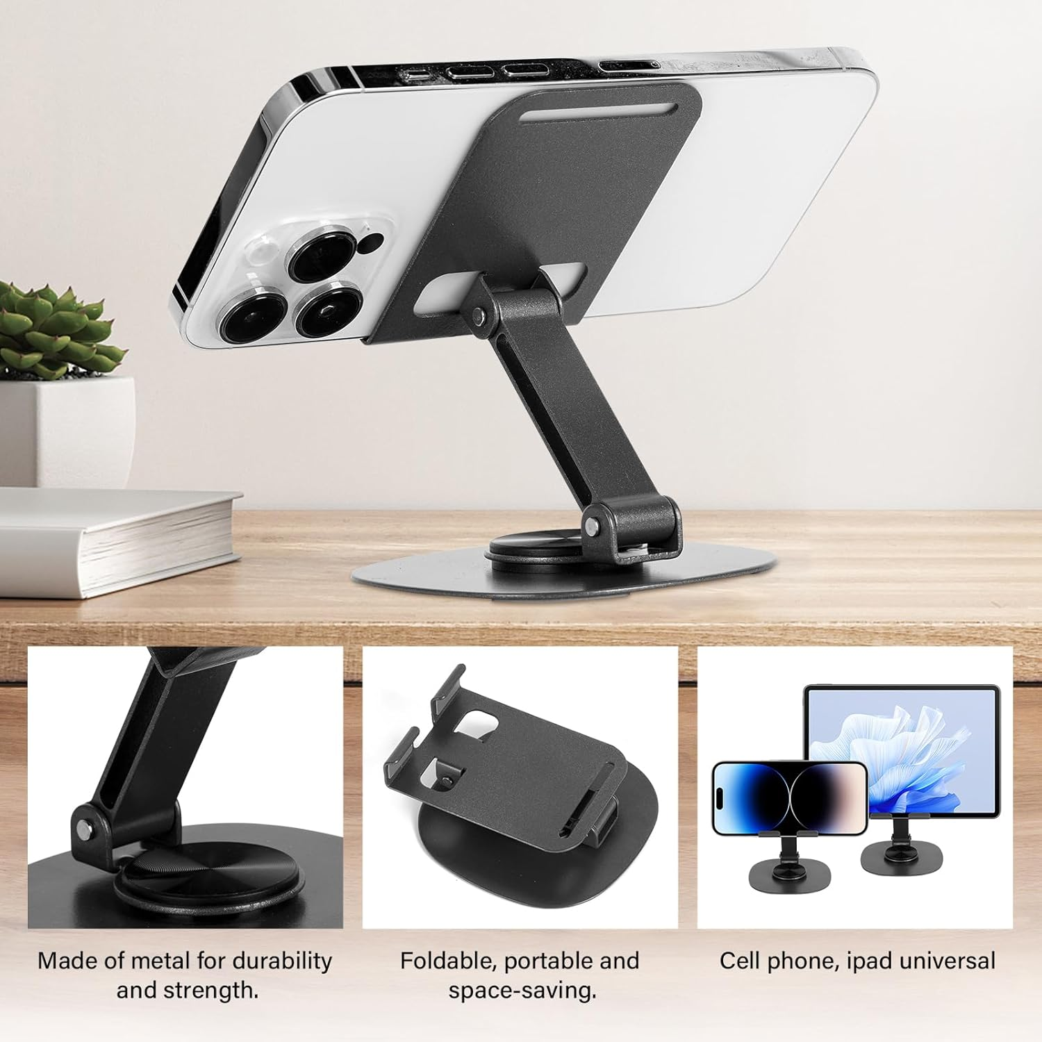 360&deg; Rotating Metal Phone Stand &ndash; Adjustable Height Desktop Holder, Non-Slip Foldable Base for All Iphones/Samsung, Vertical & Horizontal Viewing (Portable Desk Accessory)