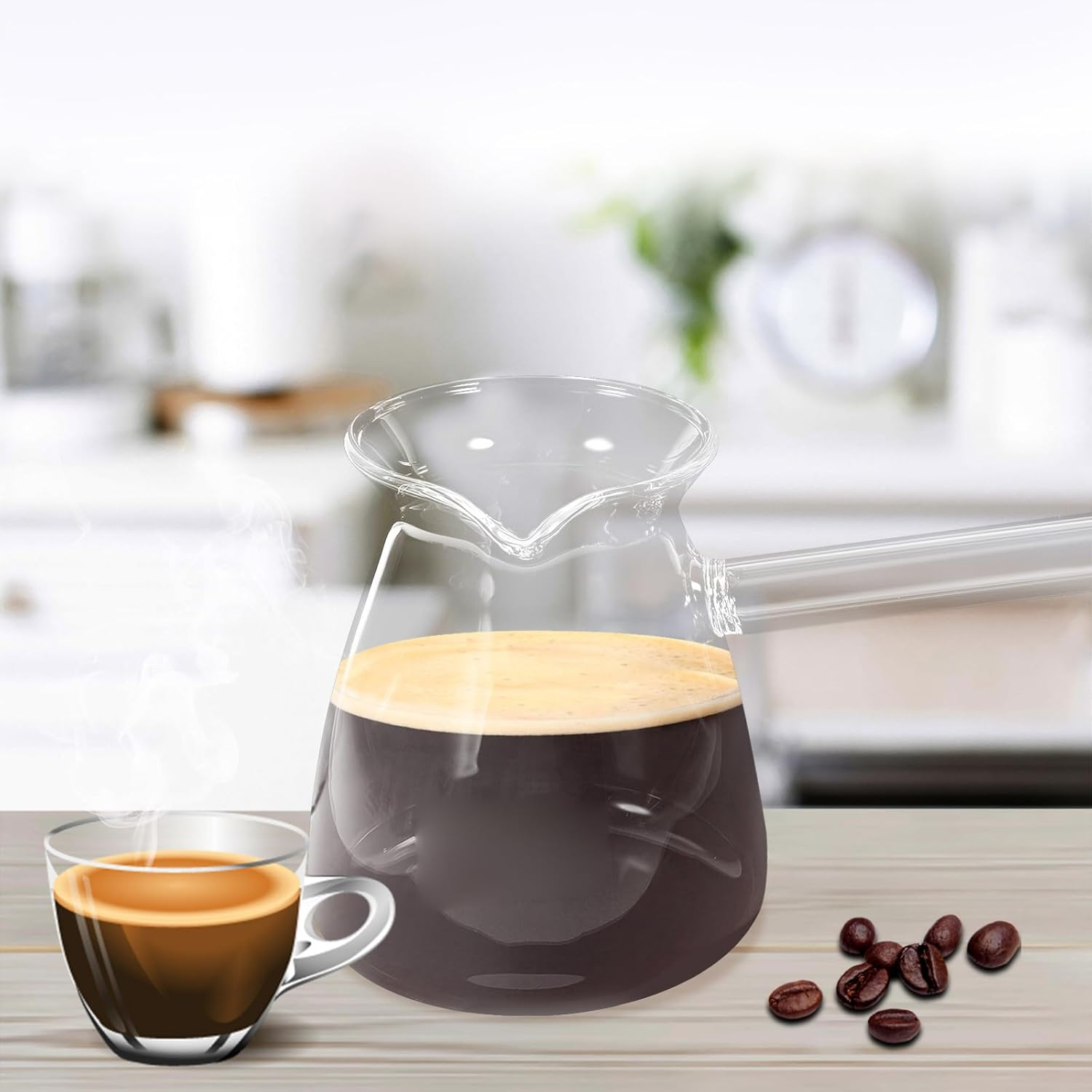 ULTECHNOVO Transparent Thickened Glass Turkish Coffee Pot with Side Handle Heat-Resistant Borosilicate Stove Pot for Tea Brewing Milk Warming and Household Use image number 1