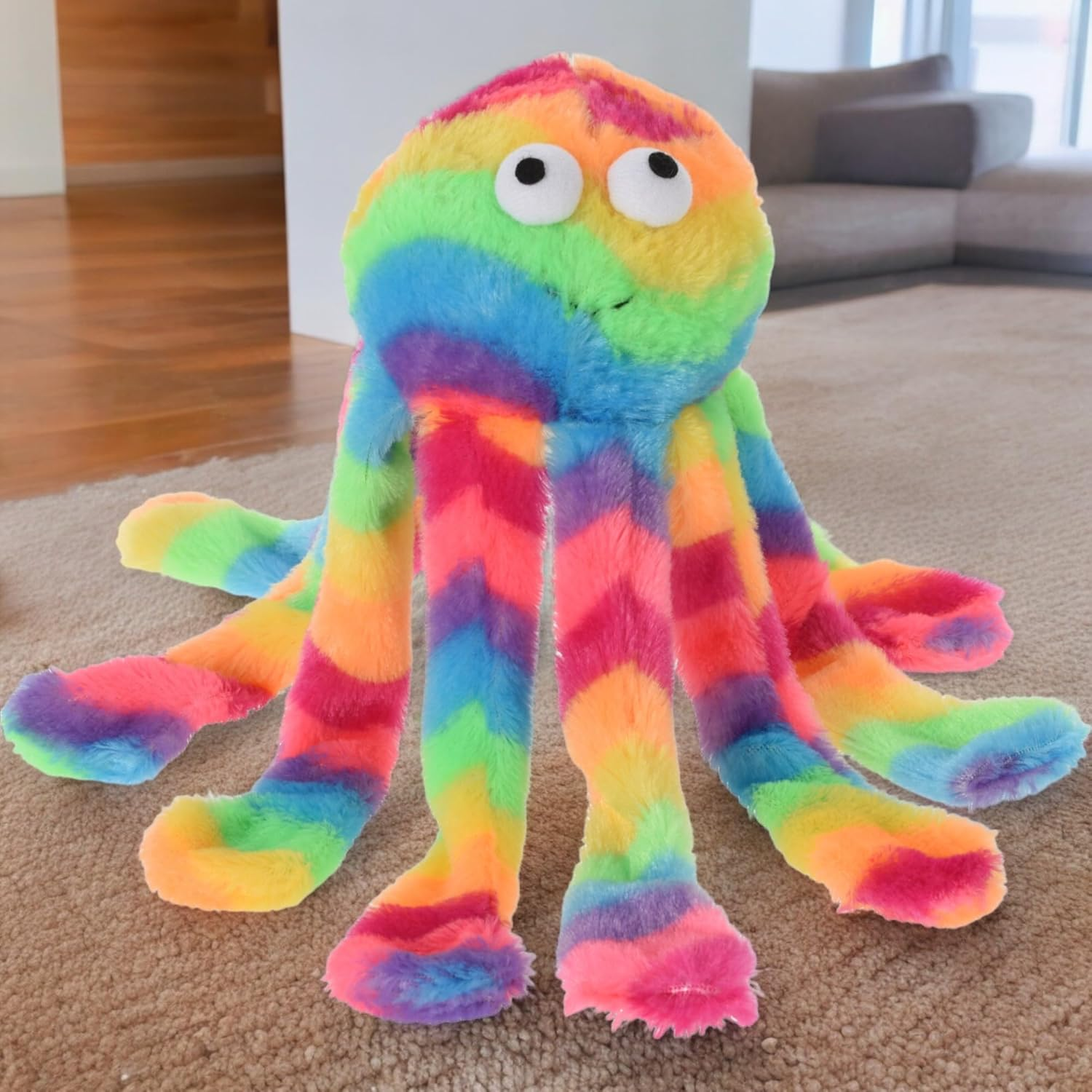 MIJOMA Funny Squeaky Dog Toy, Rainbow Octopus, Cuddly Soft Made of 100% Polyester, 30 X 12 X 12 Cm, Perfect for Chewing Fun and Fetch