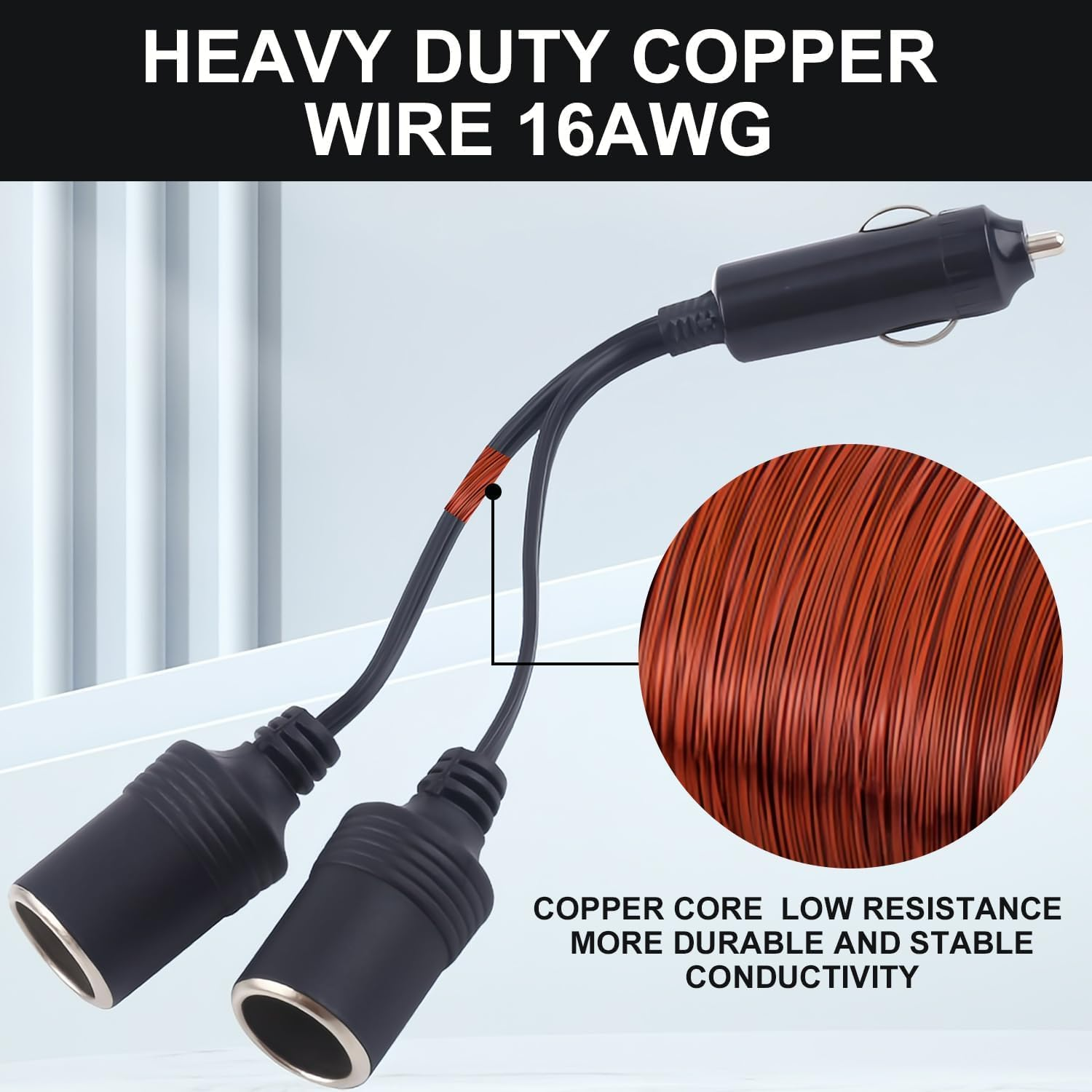 1 to 2 Car Cig Are Tte Lighter Splitter Adapter Power Charger Port, 12V/24V Plug Socket 2-Way Splitter Y Adapter, 15Cm Extension Cord with 15A Fuse