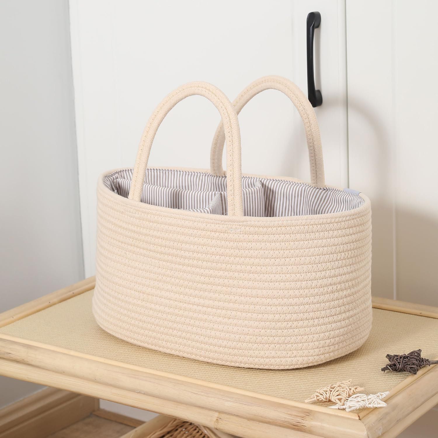 Baby Nappy Caddy, Nappy Organiser, Stylish Nursery Bohemian Cotton Rope Storage Basket, Portable Car Organizer with Removable Inserts, for Storage Nappy and Necessities, 38 X25 X18 CM (Beige)
