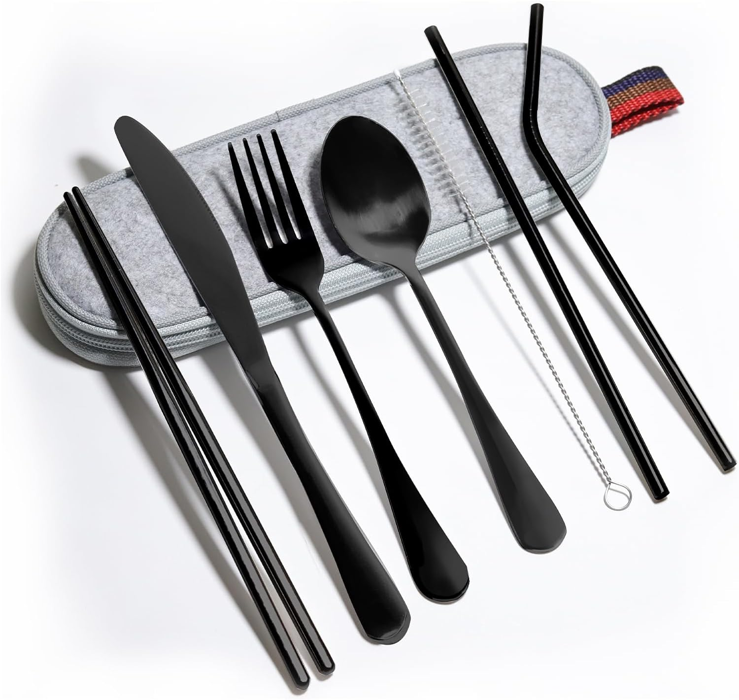 Portable Stainless Steel Flatware Set, 8-Piece Including Knife Fork Spoon Chopsticks Cleaning Brush Straws Portable Case, Stainless Steel Flatware Set （Black） image number 1