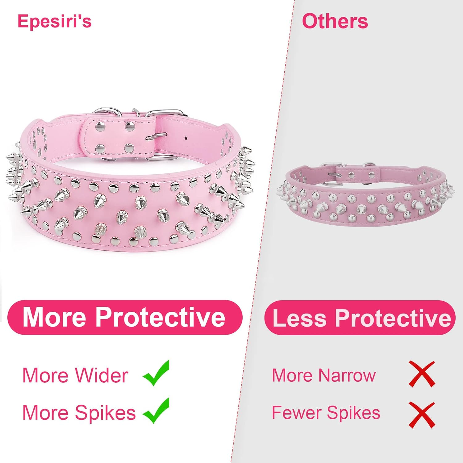 Epesiri Adjustable Wide Spiked Dog Collar, Mushroom Rivet PU Leather Cat Dog Collars, Durable Spike Studded Pet Collar for Small Medium Large Breed, Pitbull Mastiff Bulldog Pugs Husky Rottweiler, Pink