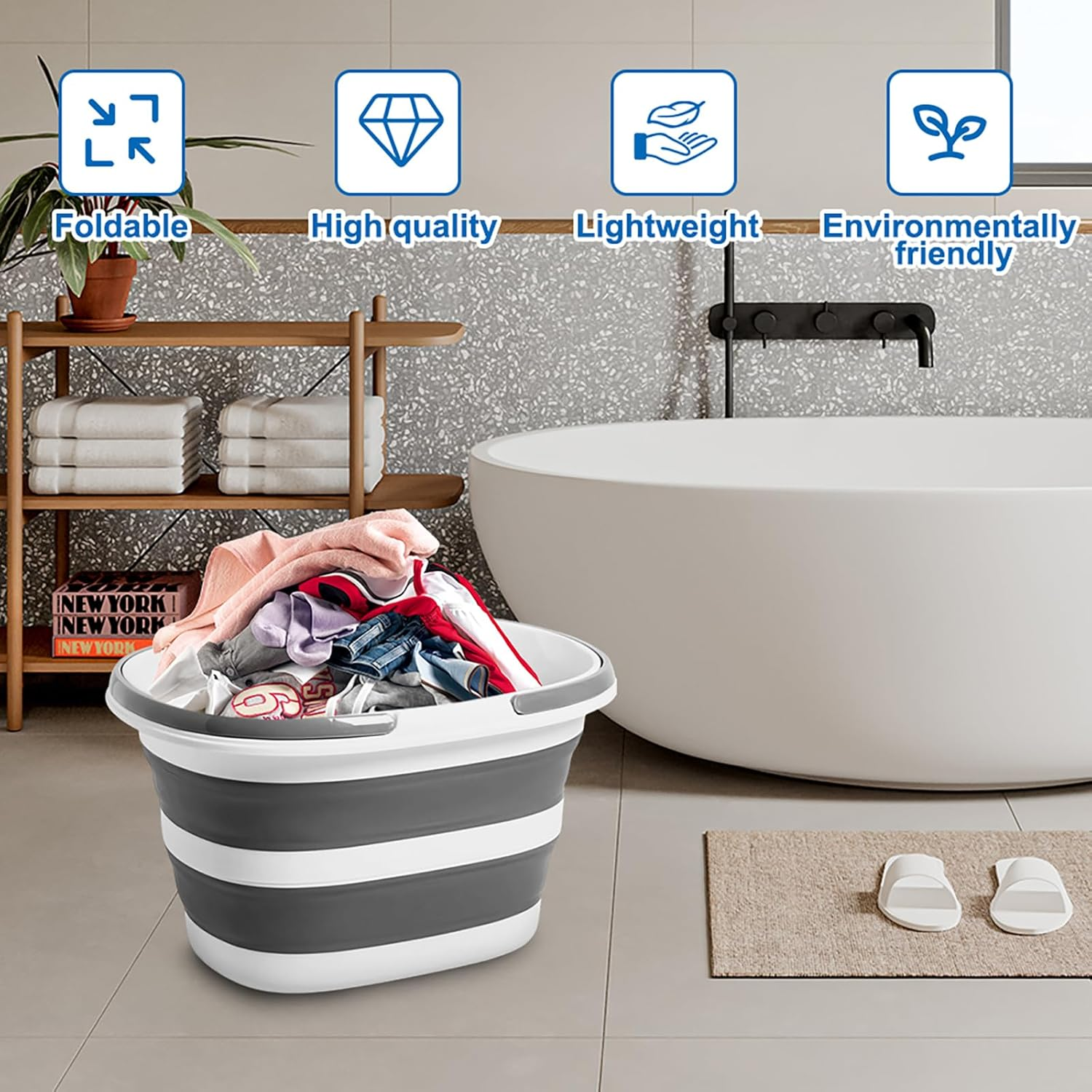 LUPATDY 16L Foldable Bucket, Foldable Mop Bucket with Handles, Portable Silicone Tub, Foldable Cleaning Bucket for Cleaning, Storage, Ideal for Camping, Home and Travel, Grey - Grey image number 3