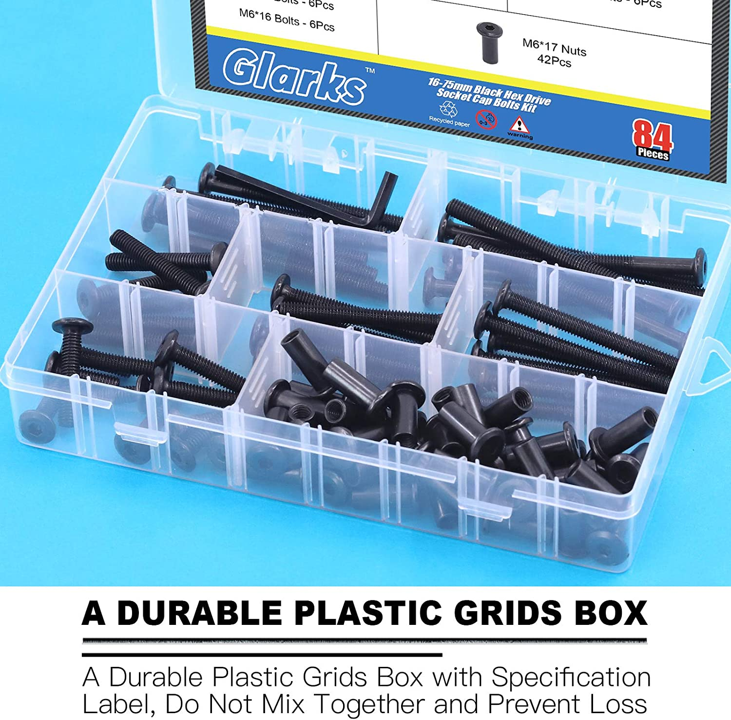 Glarks 85Pcs M6X16/ 25/35/ 45/55/ 65/ 75Mm Black Hex Drive Socket Cap Bolts Kit, Allen Head Countsunk Furniture Crib Bolts Nuts Screws for Chair Table Cabinets image number 4