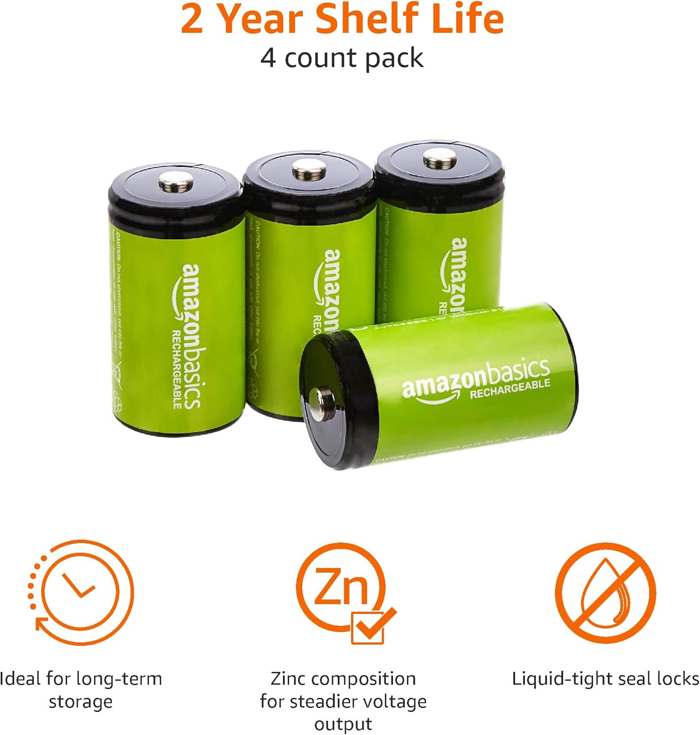 Amazon Basics 4-Pack Rechargeable D Cell Nimh Batteries, 10000 Mah, Recharge up to 1000X Times, Pre-Charged image number 2