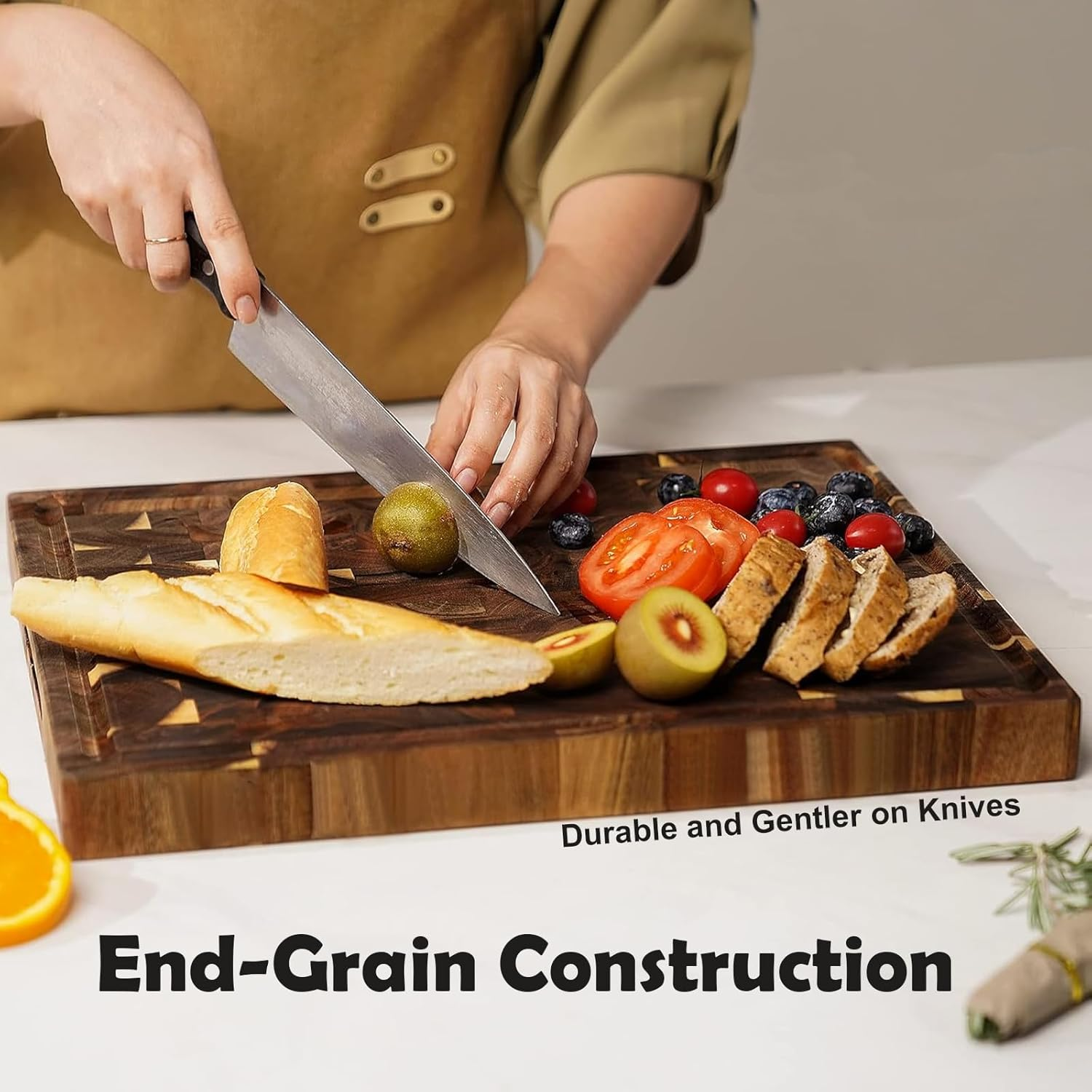 Wooden Chopping Board, End Grain Cutting Boards with Juice Groove & Handle, 40 * 30 * 3 CM Checkered Chopping Board Charcuterie Board, Chopping Mat for Meat, Vegetables, Fruit image number 1