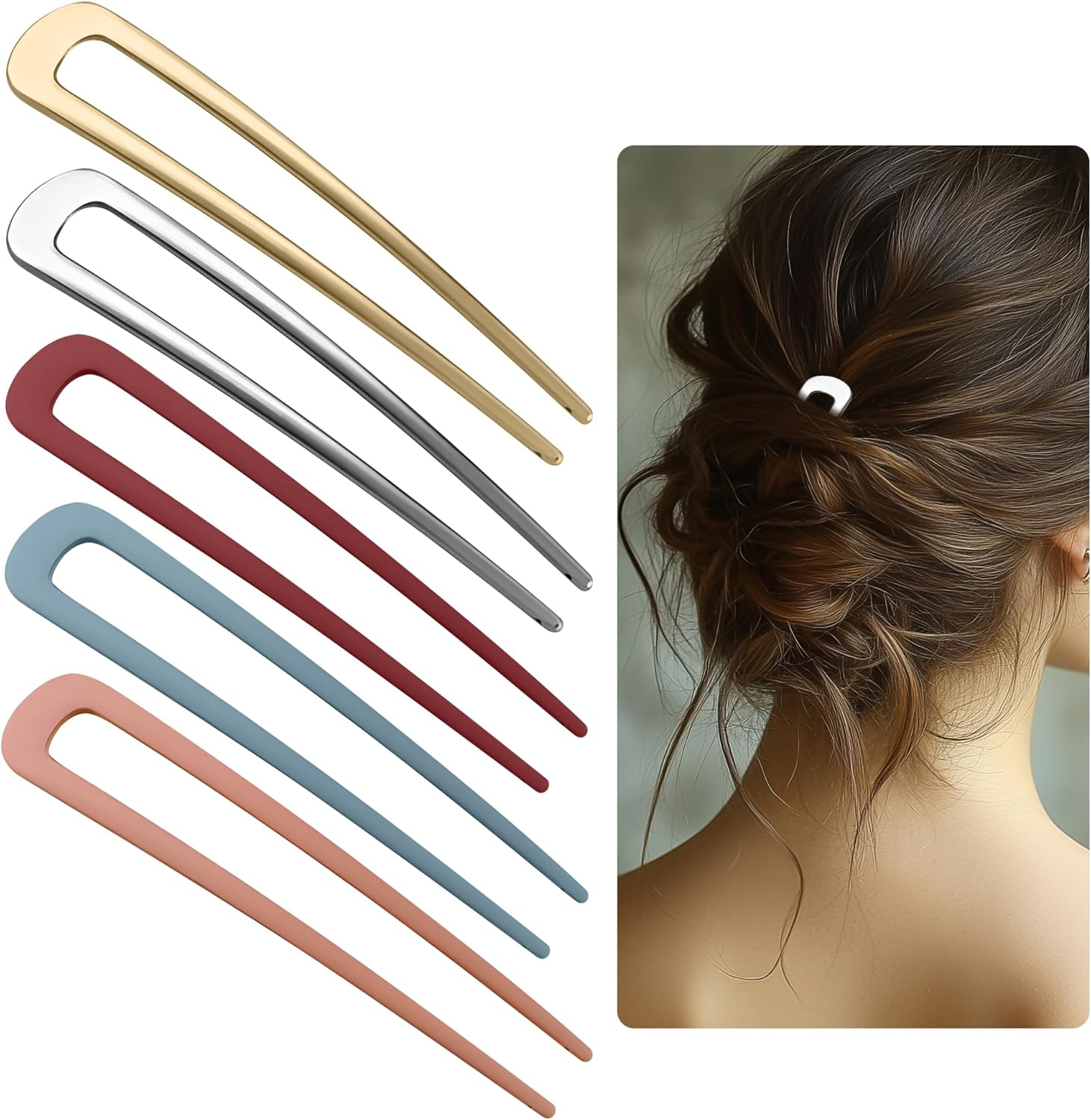 Pack of 5 French Hair Pin 10 Cm Metal French Twist Hair Pin U Shaped Hair Fork Large Hair Pin Hair Pins French Clip for Women Girls, Gold, Silver, Orange/Pink, Blue image number 3