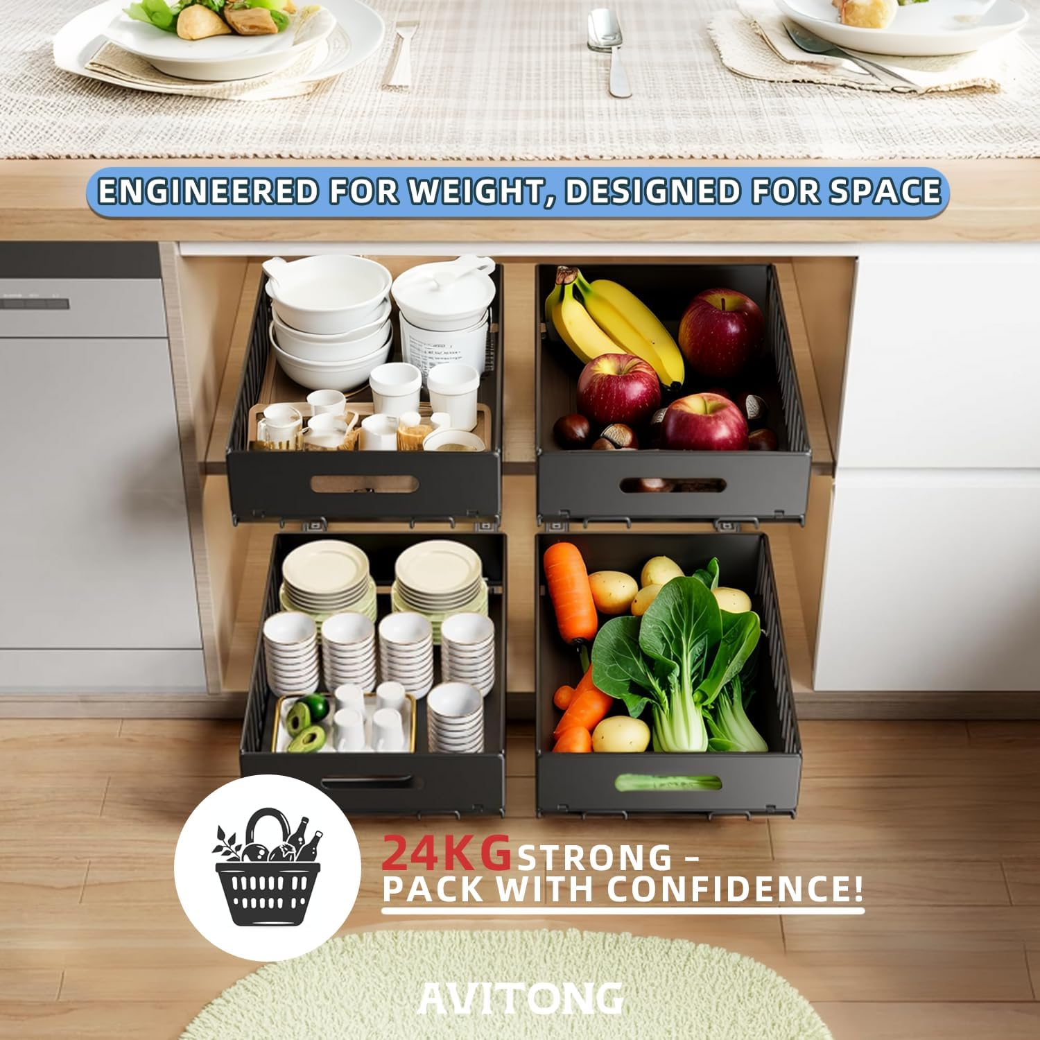 AVITONG 2 Pack Pull Out Cabinet Organiser Basket Set, Slide-Out Storage Drawers for Kitchen Pantry, Adhesive Installation, 1 Large + 1 Small Set, No Drilling image number 3