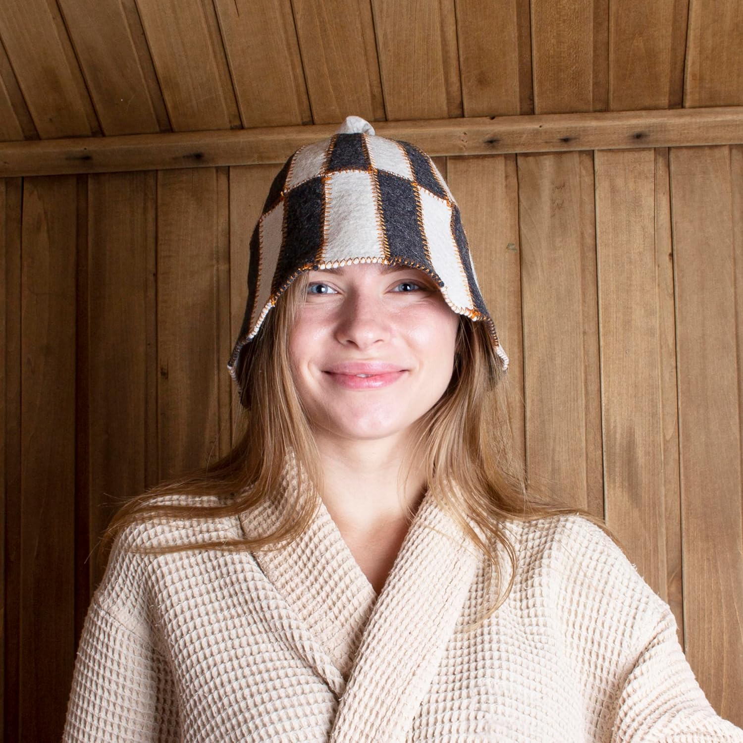 ASKOLD 2 Pcs Wool Sauna Hats Checkered Sauna Accessory - Sauna Hat Cap for Men Women Wool Sauna Hat Banya Hat for Men Women image number 5