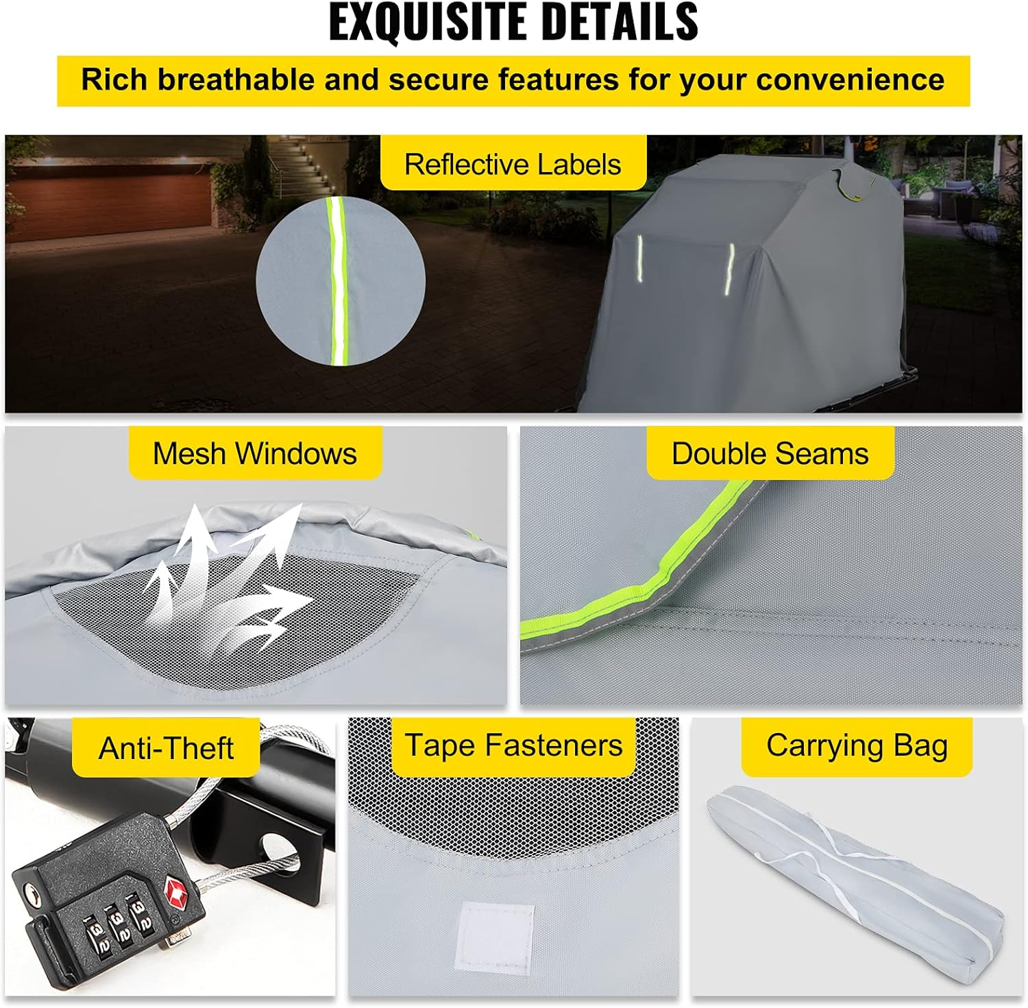 VEVOR Motorcycle Shelter, Waterproof Motorcycle Cover, Heavy Duty Motorcycle Shelter Shed, 420D Oxford Motorbike Shed Anti-Uv, 133.9"X53.9"X76.8" Grey Shelter Storage Garage Tent W/Lock & Weight Bag image number 3