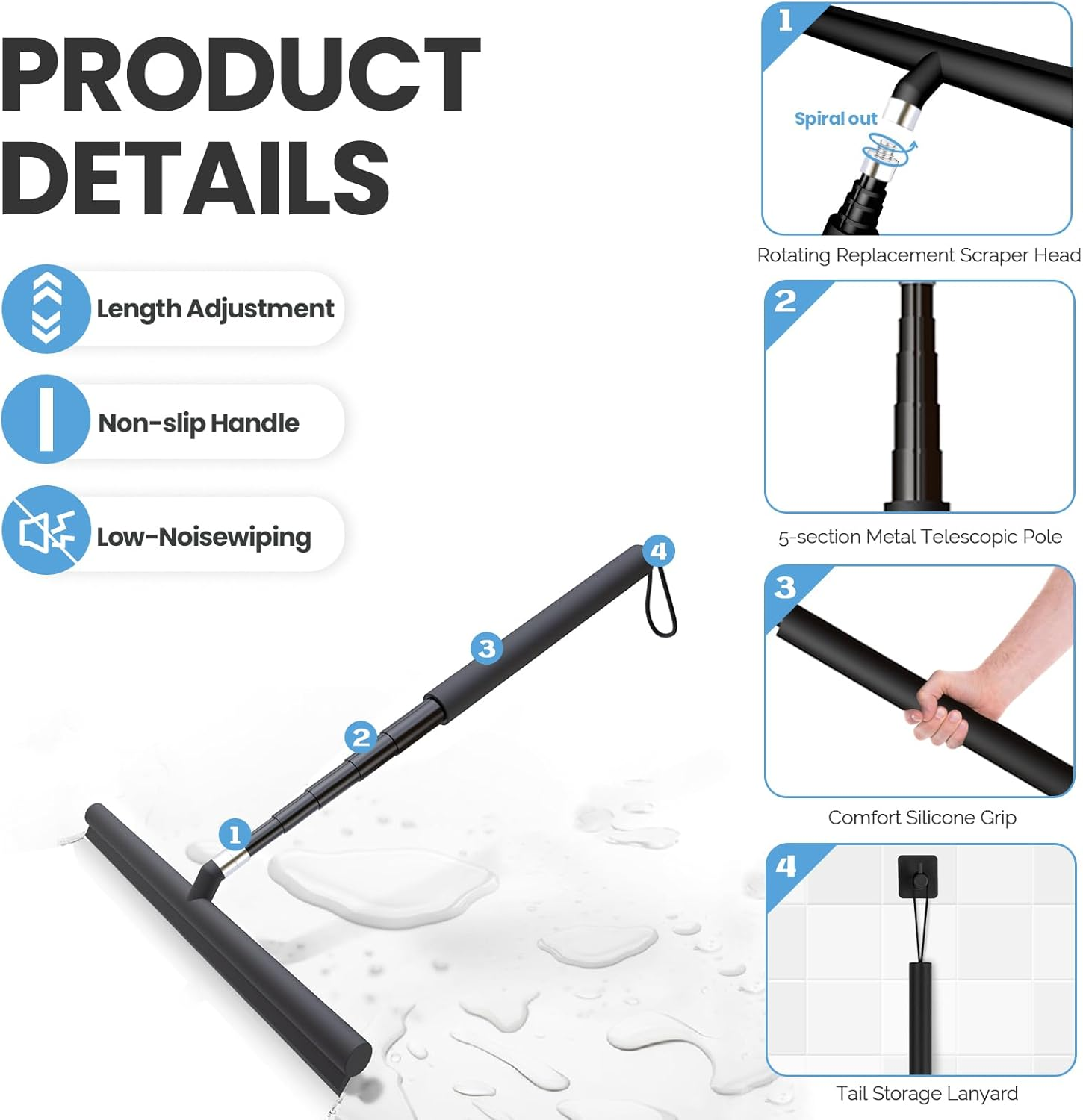 Shower Squeegee Long Handle, Window Wiper and Window Squeegee 2 in 1, Squeegee Shower Floor, 120 Cm Telescopic Rod, Water Pusher, Floor Squeegee, Window Cleaning Set, Glass Wiper for Shower (Black)