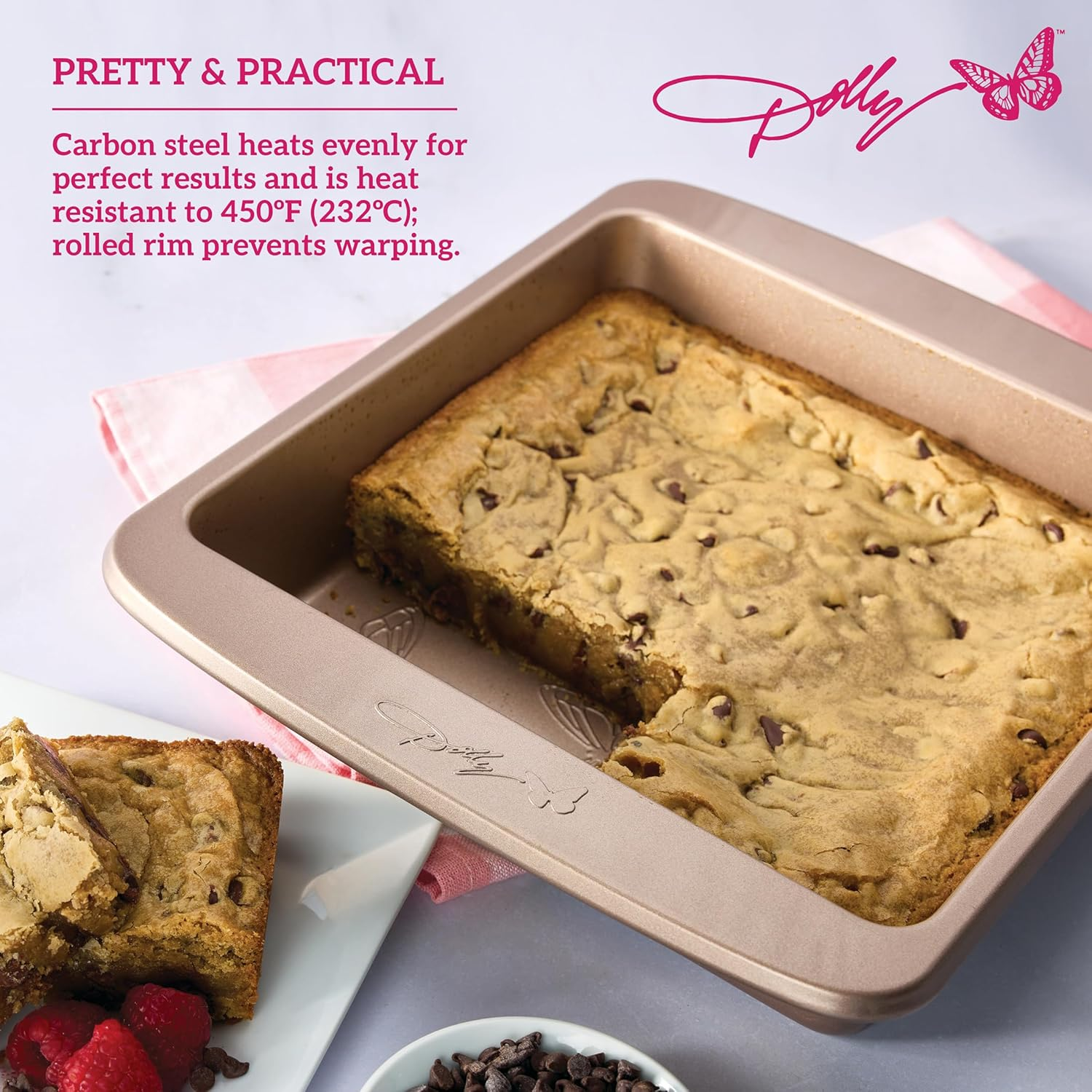 Dolly Parton Butterfly Stamp Square Cake Pan &ndash; Carbon Steel Nonstick Bakeware with Textured Butterfly Design, Durable Rolled Rim, Oven Safe to 450F, Perfect for Cakes, Cheesecakes and Savory Bakes image number 5