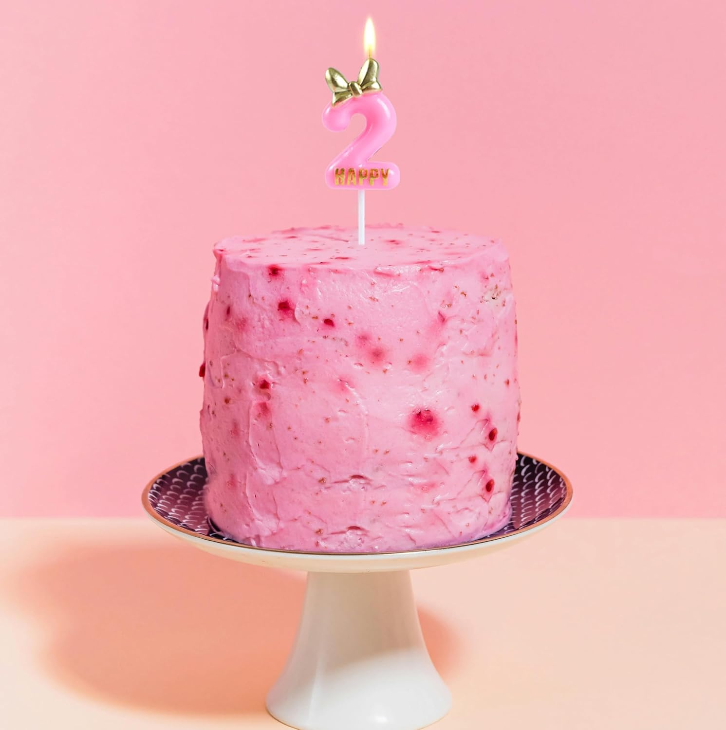 EAKE Pink Birthday Candles Number 2 with Bow Bowknot Bowtie and Metallic Gold Mini Happy Letter for Happy 2Nd Mouse Theme Birthday Cake Topper Party Supplies Decorations (4.7 Inch) image number 1