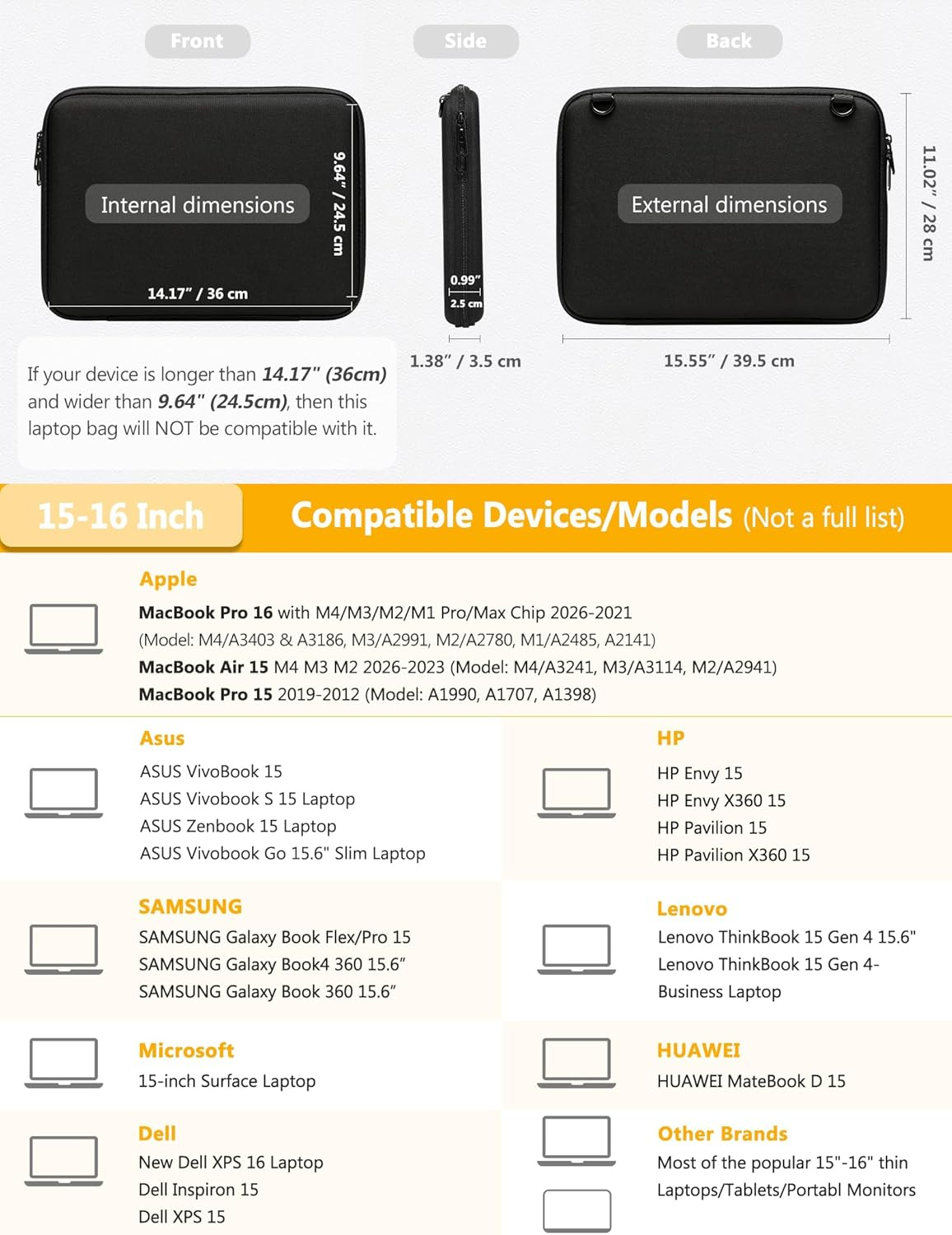 HYZUO 15-16 Inch Hard Shell Case Laptop Sleeve Bag for Macbook Pro 16 M4-M1, Macbook Air 15 M4 M3 M2, 15" Surface Laptop, Dell XPS 15/16, HP Envy/Pavilion 15, ASUS Vivobook/Zenbook 15, Black image number 1