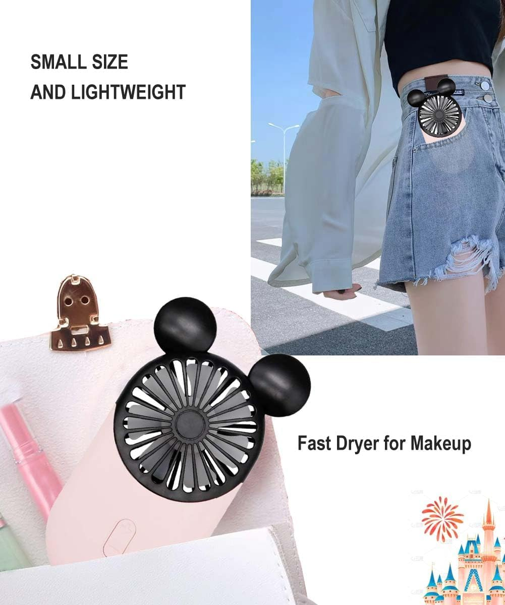 Cute Personal Mini Fan(2 PACK), Mini Handheld USB Rechargeable Portable Fan with Stylish LED Light,3 Speed Adjustable,Cute Mouse,For Kids Girls Woman Home Office Outdoor Travel - Pink+Red image number 2