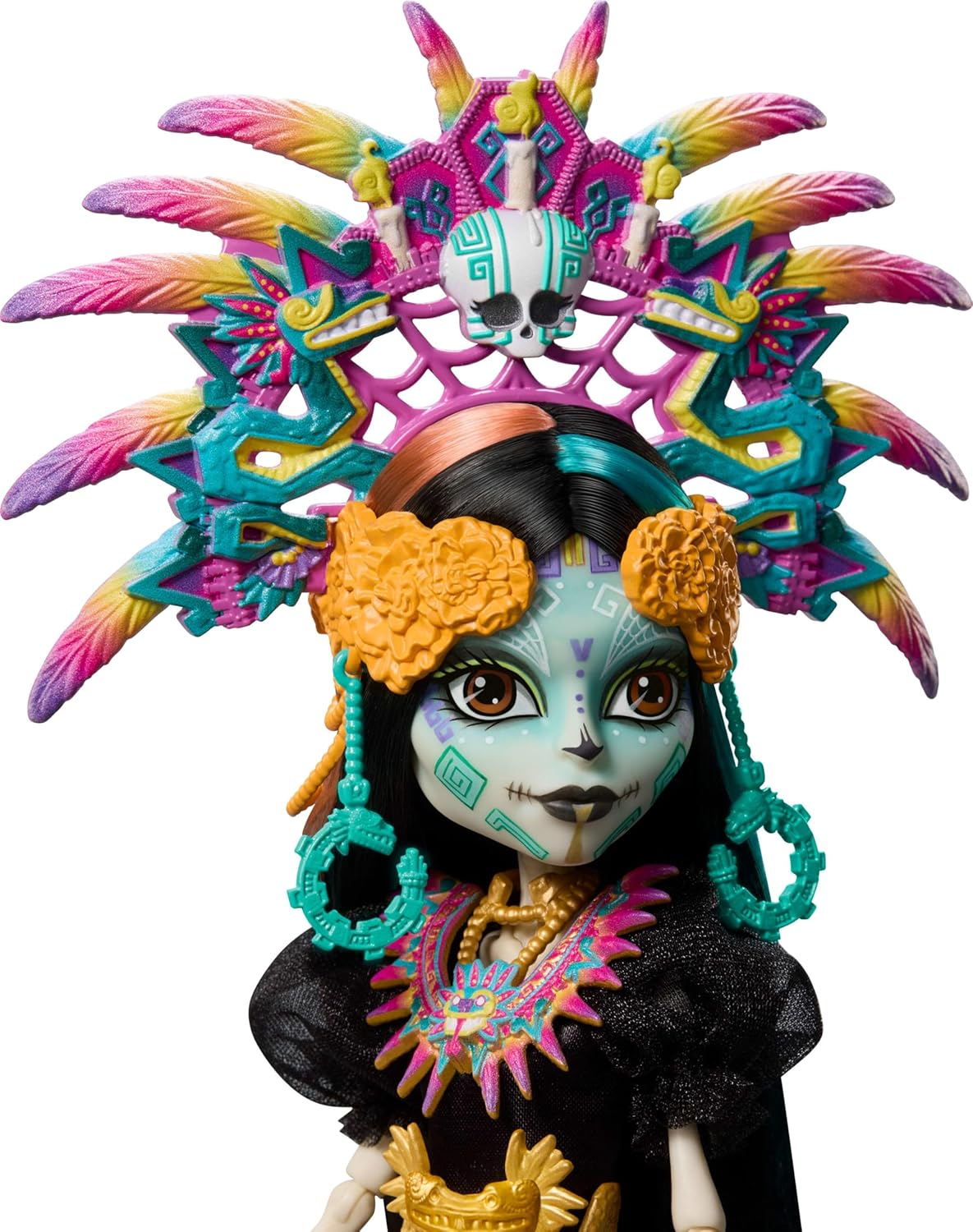 Monster High Doll, Skelita Calaveras D&iacute;a De Muertos 2025 Collectible, Aztec-Inspired Gown with Vibrant Accessories like Headdress and Necklace image number 4