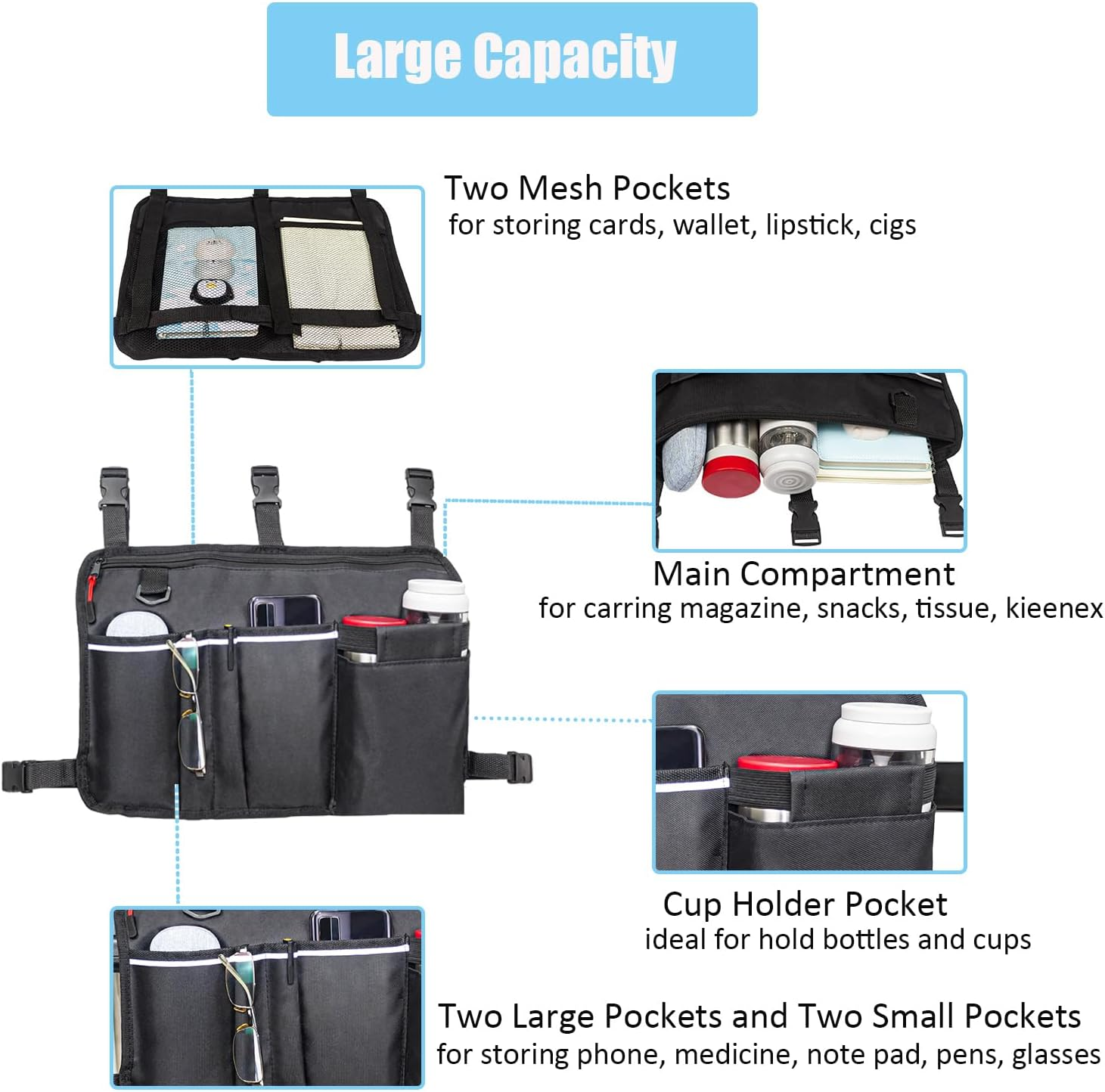 Walker Bag Walker Basket for Folding Walker with Cup Holder, Rollator Organizer Storage Pouch Universal Folding Walker Accessories Walker Bags for Seniors Bag for Walker (Large Black) image number 4