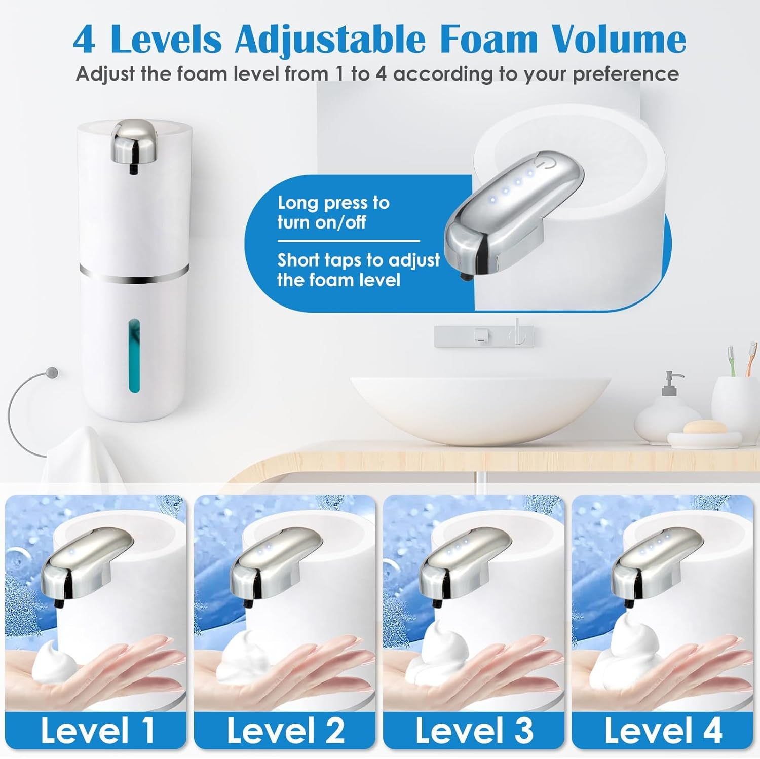 Automatic Soap Dispenser, Wall Mounted 4-Level Adjustable Foaming Hand Soap Dispenser, Rechargeable Bathroom Foam Soap Dispenser, Electric Touchless Kitchen Soap Dispenser image number 3