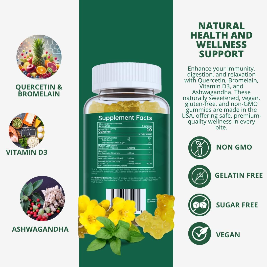 Mullein Gummies for Respiratory Wellness | 1000Mg per Serving | 100% Sugar-Free | Natural Mullein Leaf Extract | Supports Healthy Lungs & Immune Function | 60 Vegan Gummies