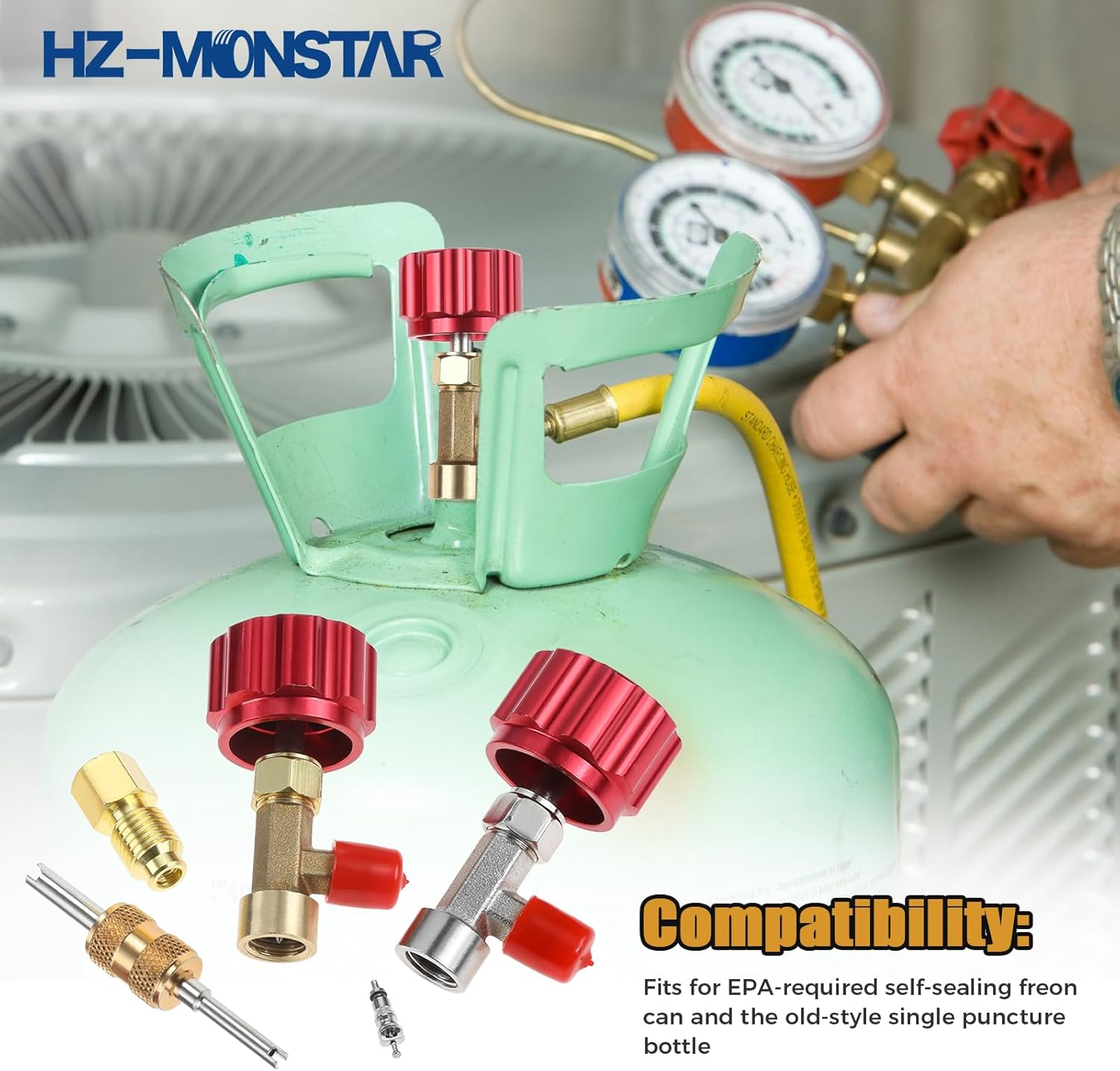 R134A Can Tap, Self Sealing R134A Refrigerant Dispenser with 1/2" Acme 1/4" SAE Adapter, R134A Self Sealing Can Tap and Puncture AC Freon Can 134A Adapter Fittings for AC System Red image number 4