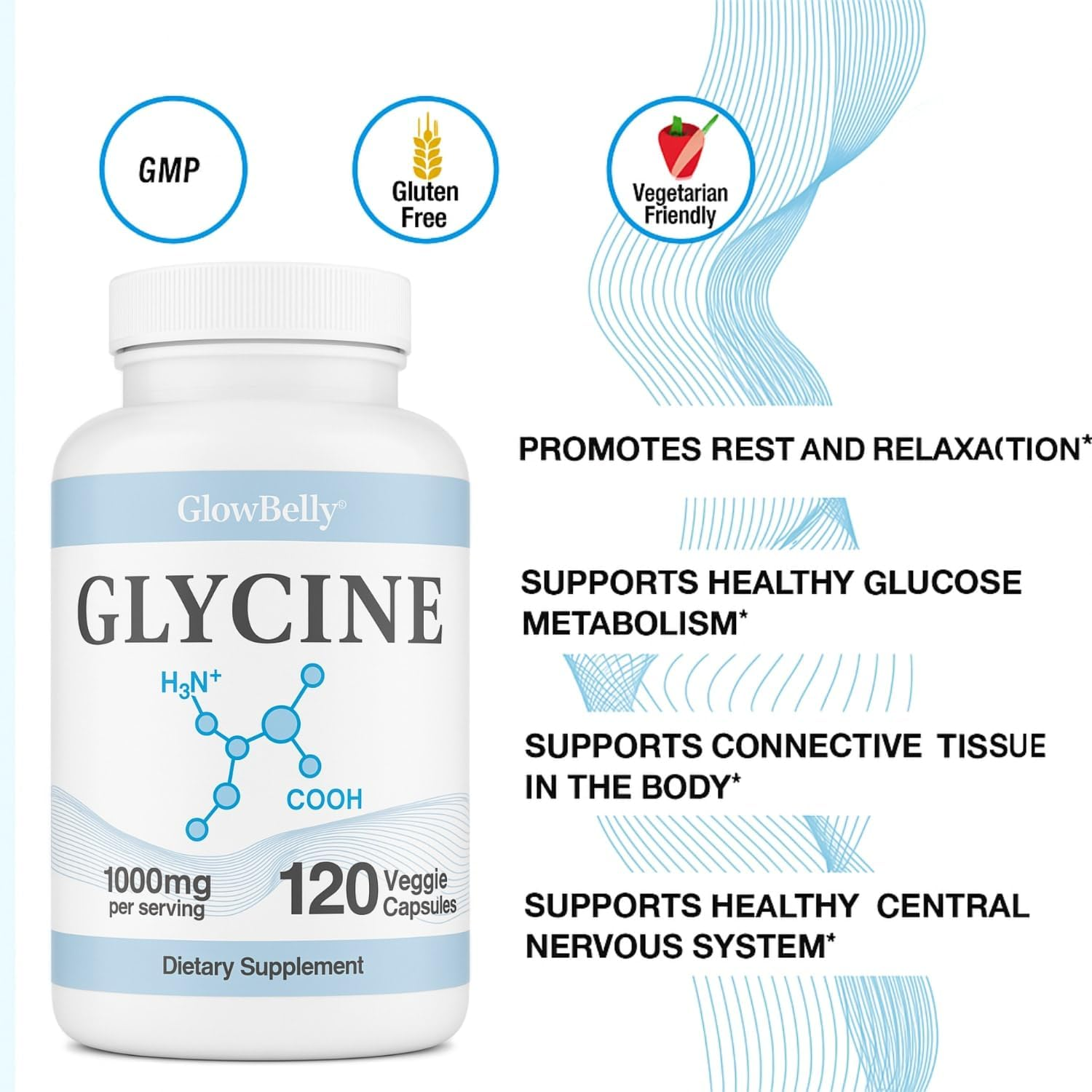 Glycine 1000 Mg Pure Amino Acid Supplement | 1 a Day Vegan Capsules | Non-Gmo, Gluten-Free, No Fillers | 120 Capsules by Glowbelly image number 3