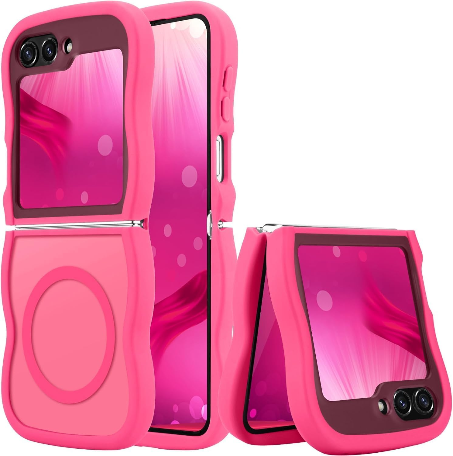 ELEPIK Stronger Magnetic for Samsung Galaxy Z Flip 7 Case, [Non-Slip Grip] [Upgrade Strong Magnetic] Slim Protective Matte Silicone with Curly Wave Edges, Translucent Back, Hotpink