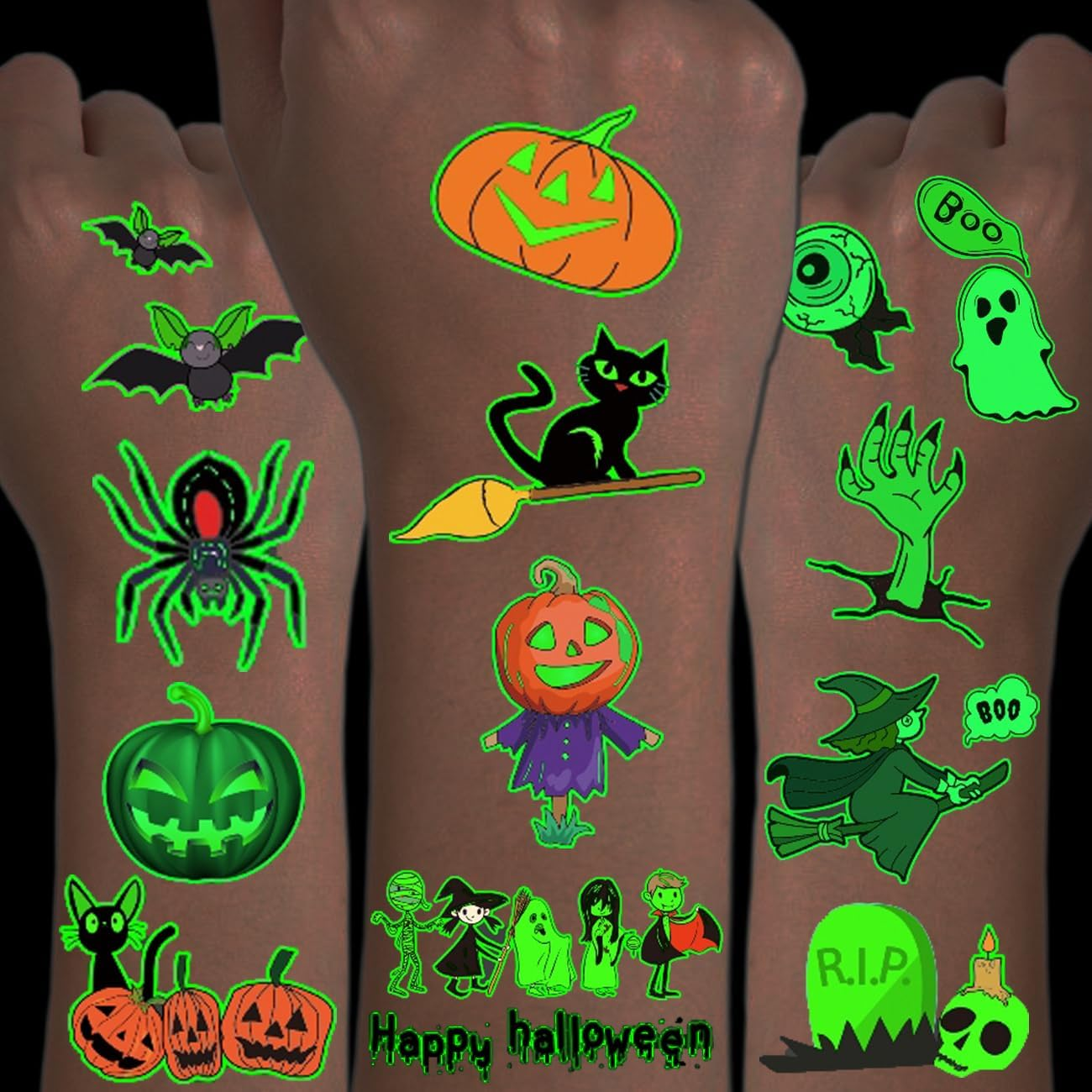 CHARLENT Luminous Temporary Halloween Tattoos for Kids Party Supplies - 100 Styles Glow in the Dark Halloween Pumpkin Ghost Skeleton Tattoos for Boys and Girls, Halloween Party Favors image number 6