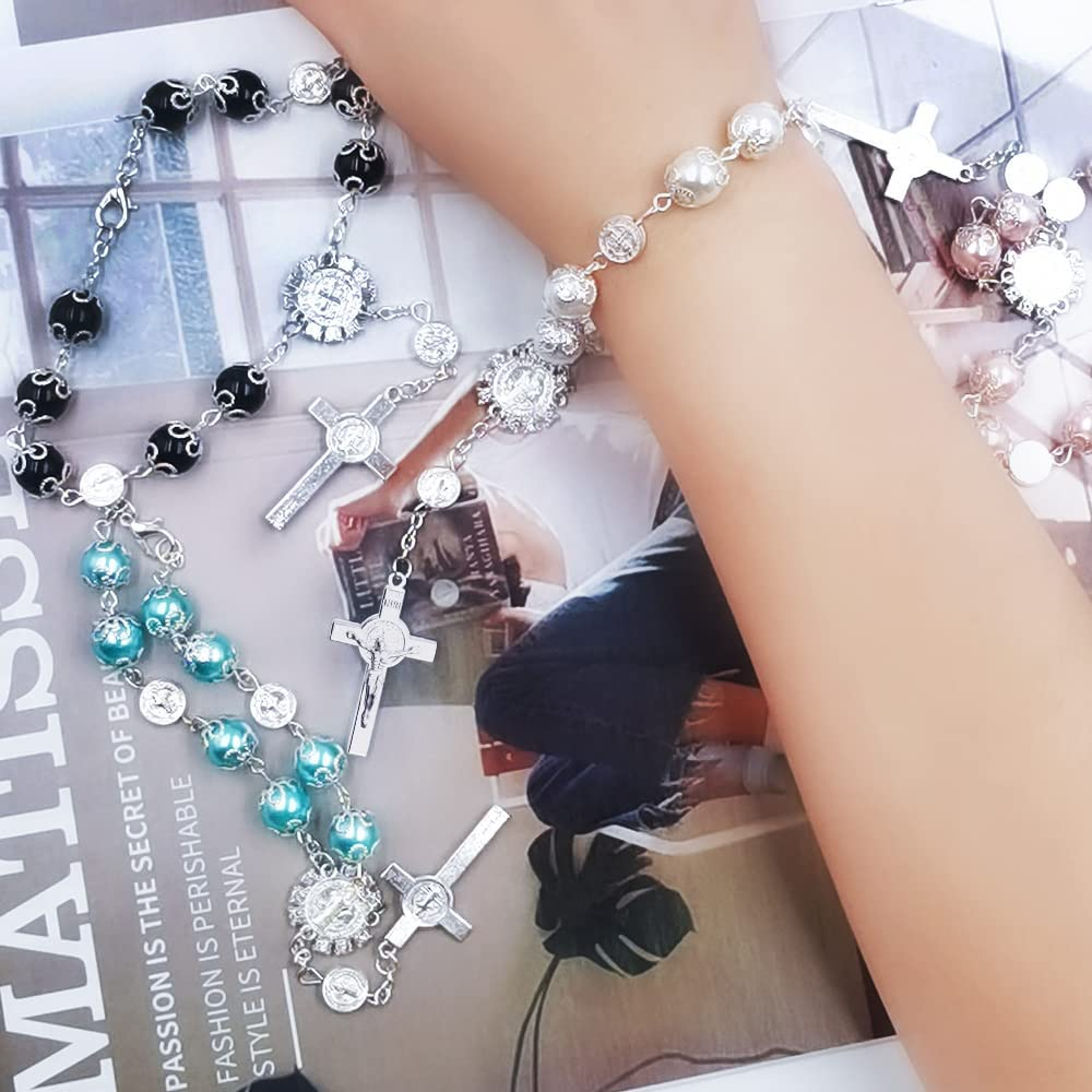 4 Pcs Rosary Beads Catholic, Finegood Cross Car Mirror Hanging Accessories Blessing Auto Rear View Mirror Pendant Car Decor Interior image number 1