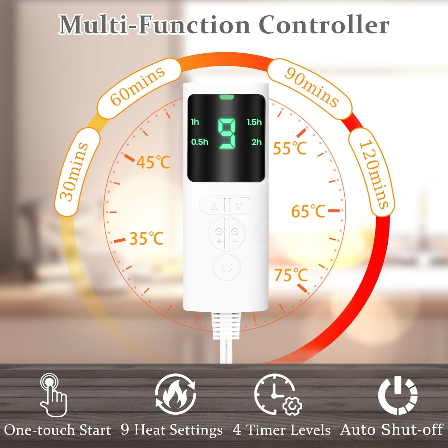 Oolong Electric Heating Pad for Back & Neck Pain Relief - Large 40X76Cm Moist/Dry Heat Therapy Pad with 9 Adjustable Settings, 4 Timer Modes & Auto Shut Off, Machine Washable (Grey) image number 2