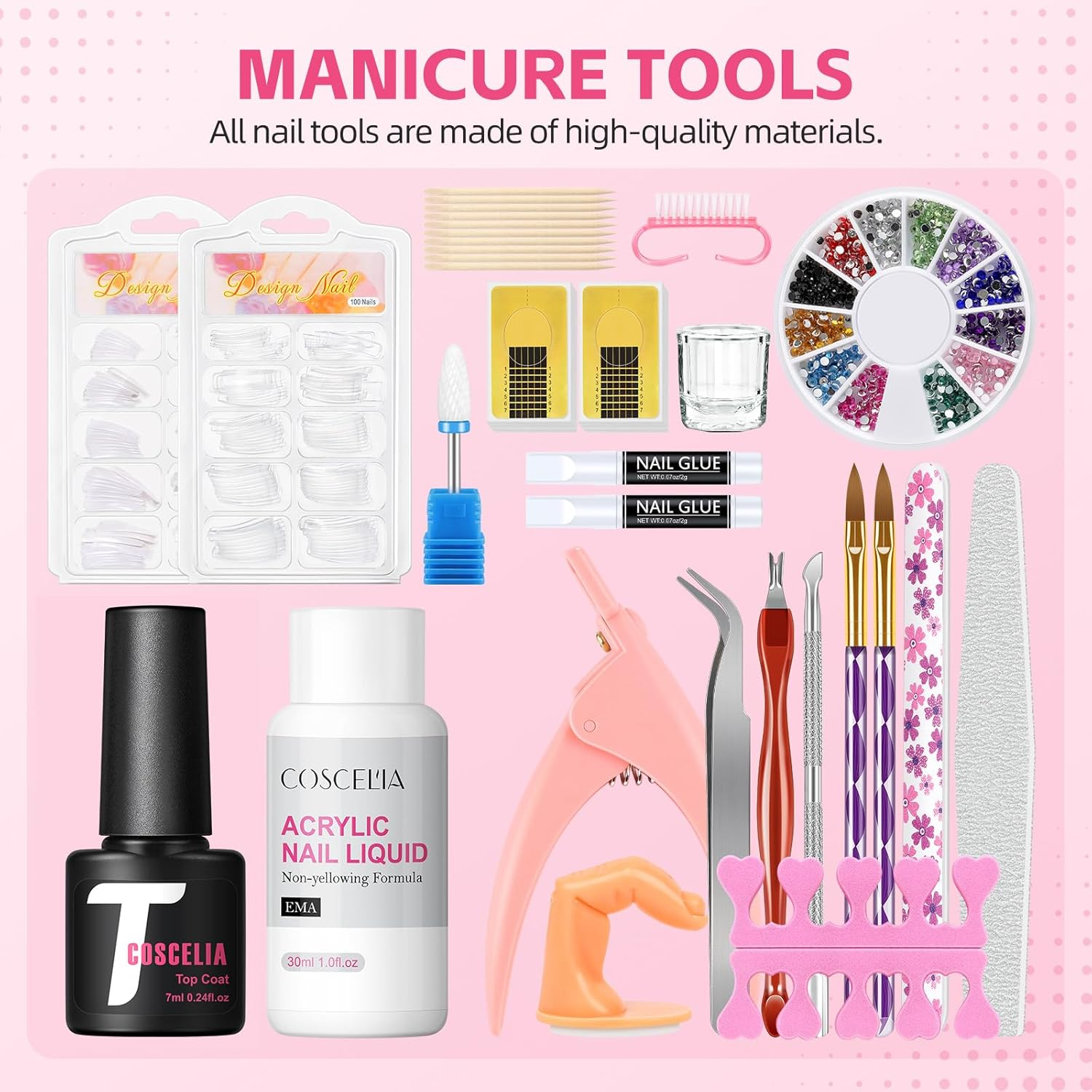 COSCELIA Acrylic Nail Kit with Drill and U V Light, White Pink Clear Acrylic Powder 12PCS Glitter Decorations Powder Nail Rhinestones False Tips Manicure Tools Professional Nail Kit for Women Salon image number 1
