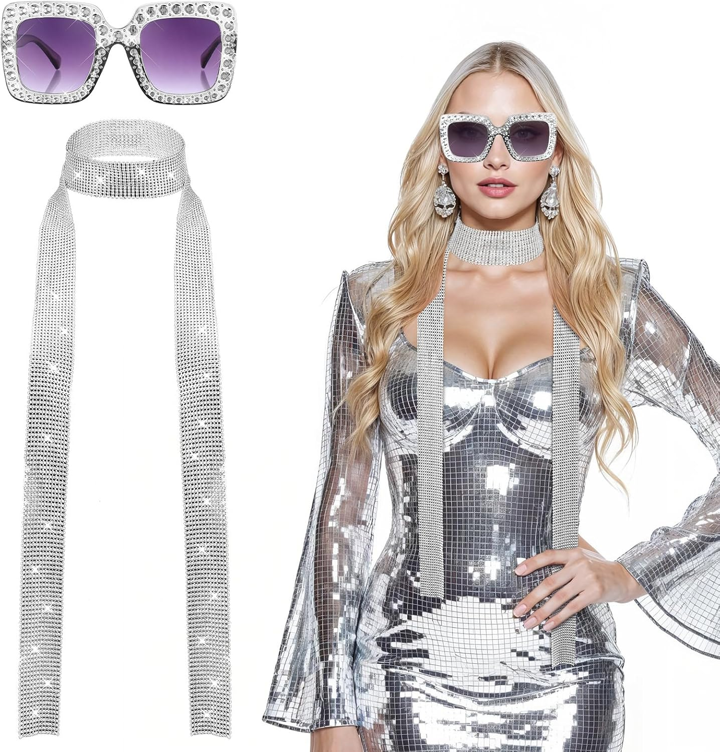 Abeillo Disco Outfit for Women - Silver Sequin Scarf & Glasses Set 70S Disco Outfits Accessories Women image number 6