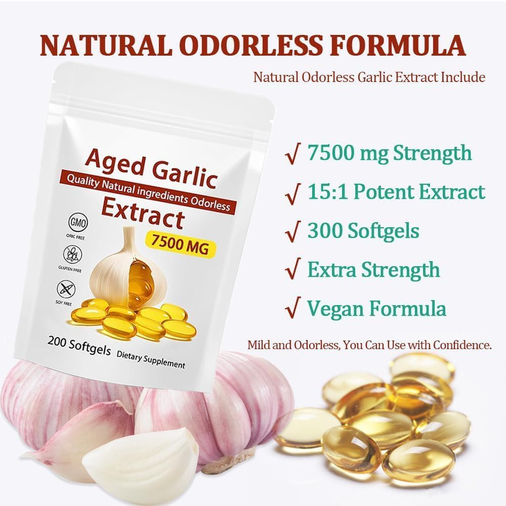 Odorless Garlic 7500Mg per Servings,300 Softgels | 2 Years Aged Garlic Extract, Grown Allium Sativum Bulb | Potent Antioxidant Supplement, Immune Support, and Heart Health image number 1